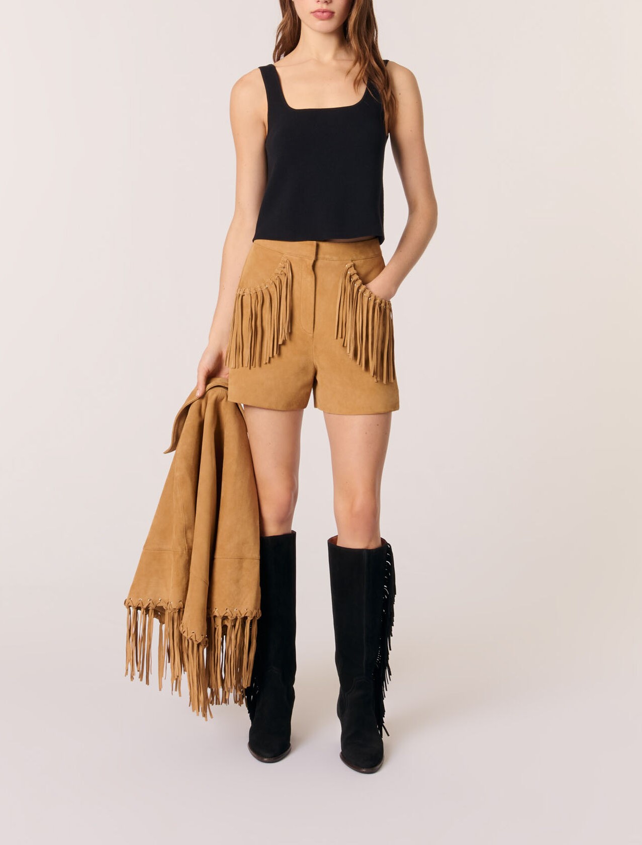 Fringed leather shorts Natural For Women | Maje