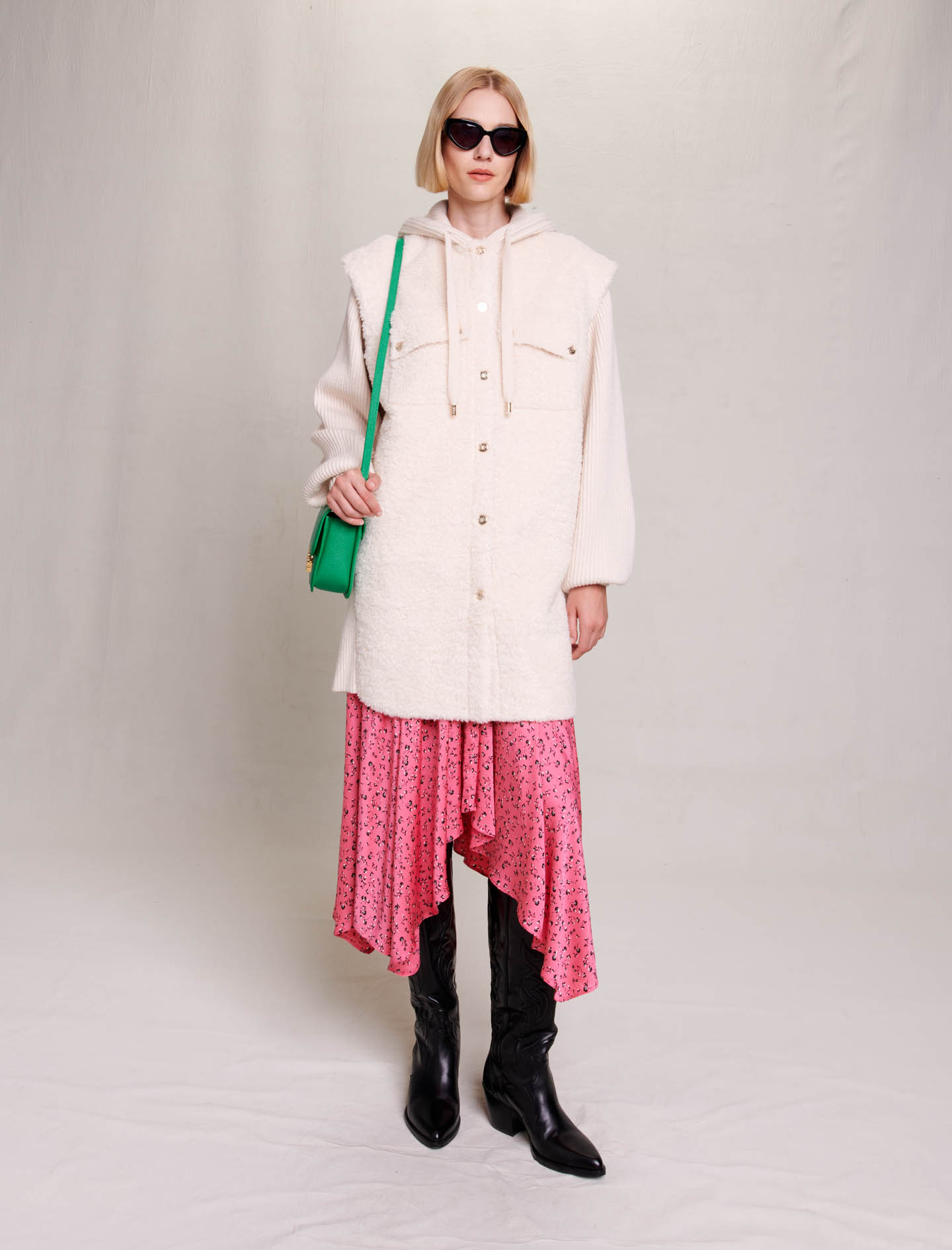 Maje Woman's polyester Yoke: Long faux fur coat for Fall/Winter, in color Ecru / Beige