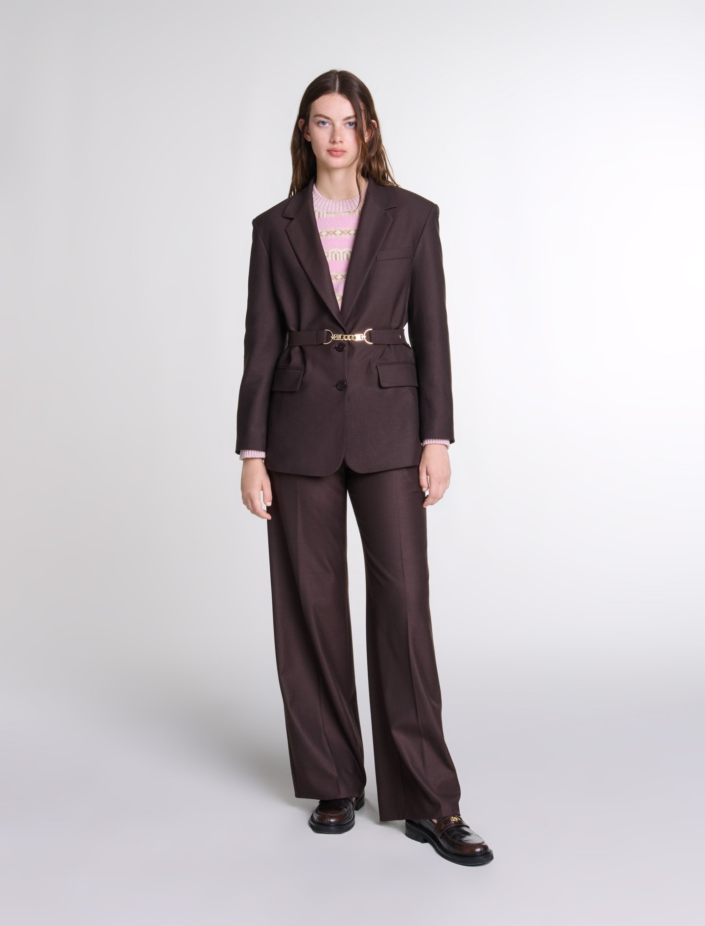 Woman's polyester, Belted suit jacket for Fall/Winter, size Woman-Blazers & Jackets-US XL / FR 41, in color Brown / Brown