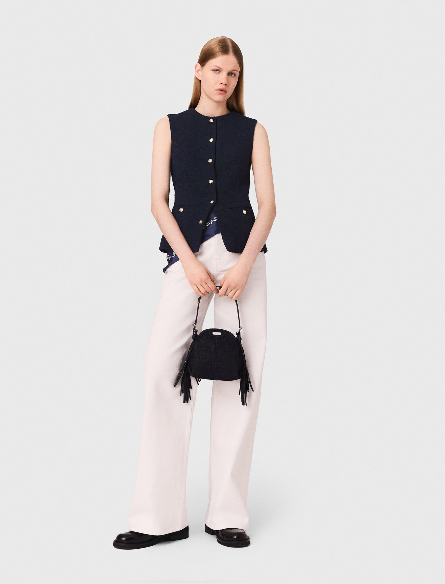 Woman's cotton Long sleeveless tweed jacket for Fall/Winter, size Extra Extra Large, in color Navy / Blue