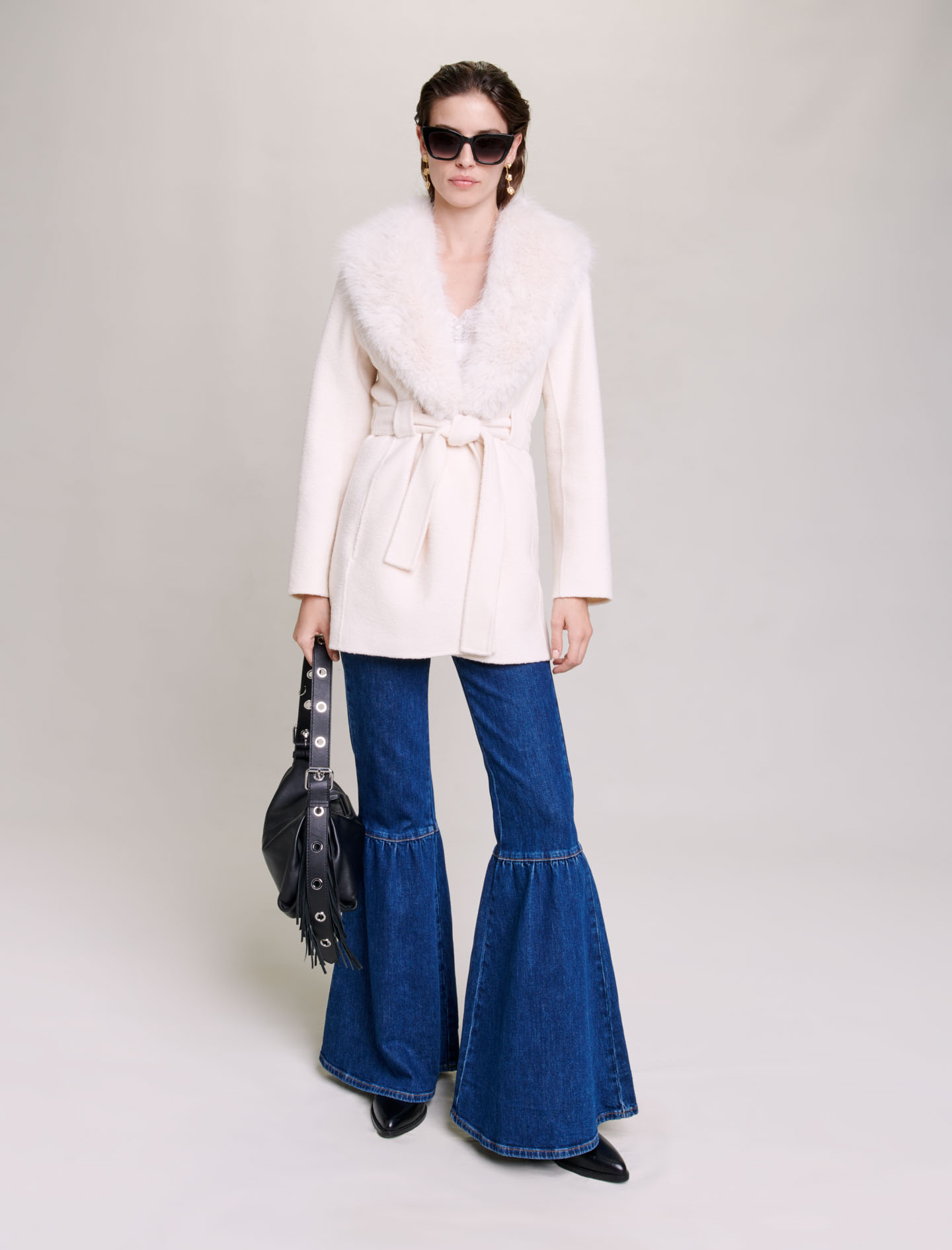 Maje Woman's wool, Belted short coat for Fall/Winter, in color Ecru / Beige