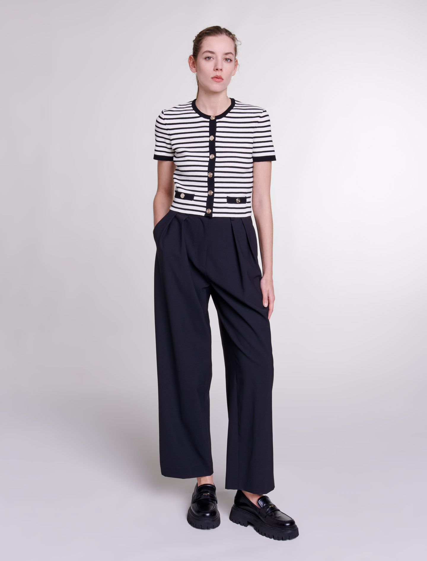 Woman's polyester, Wide-leg trousers with belt for Spring/Summer, size Woman-Pants & Jeans-US XL / FR 41, in color Black / Black