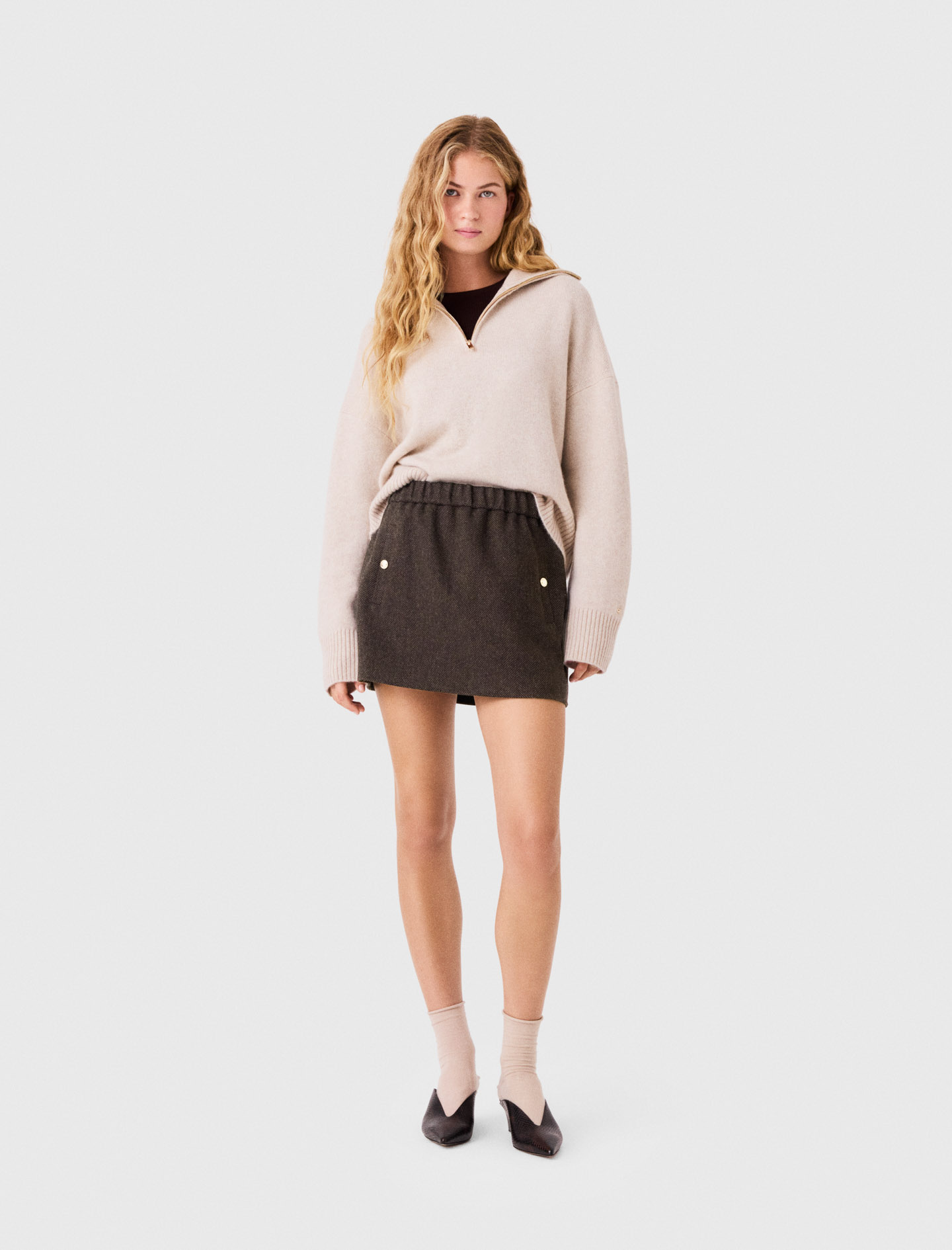 Maje Short Wool Skirt In Dark Brown
