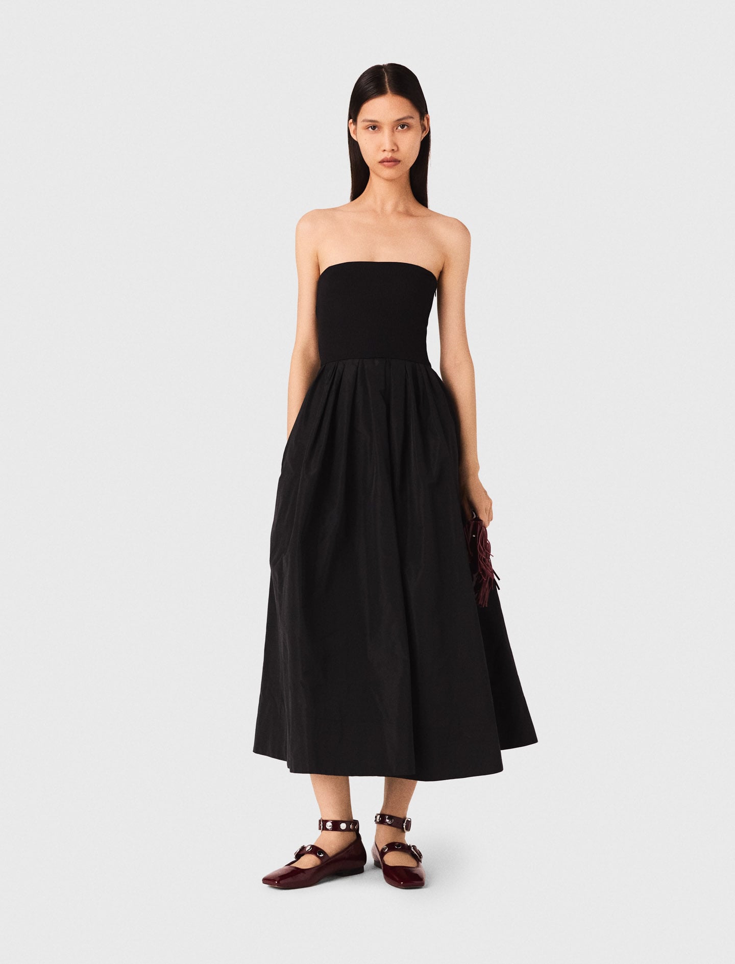 Strapless mesh and taffeta dress Black / Gray For Women | Maje Strapless mesh and taffeta dress Black / Gray For Women | Maje
