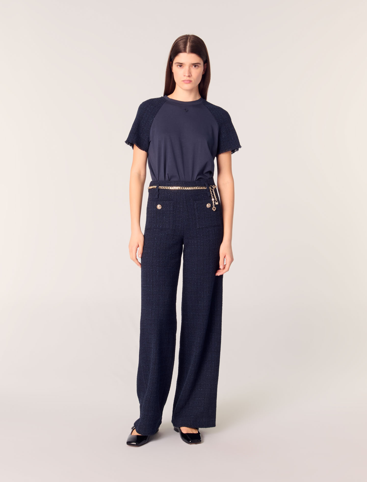 Maje Woman's cotton Tweed trousers with chain belt for Spring/Summer, in color Navy / Blue