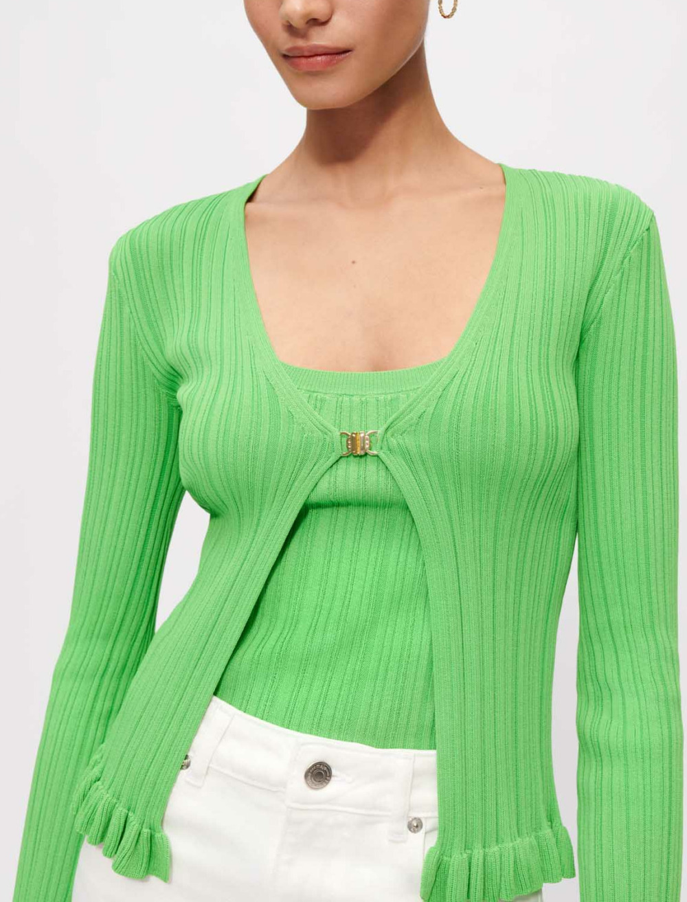 Ribbed and ruffled knitted cardigan Green For Women | Maje