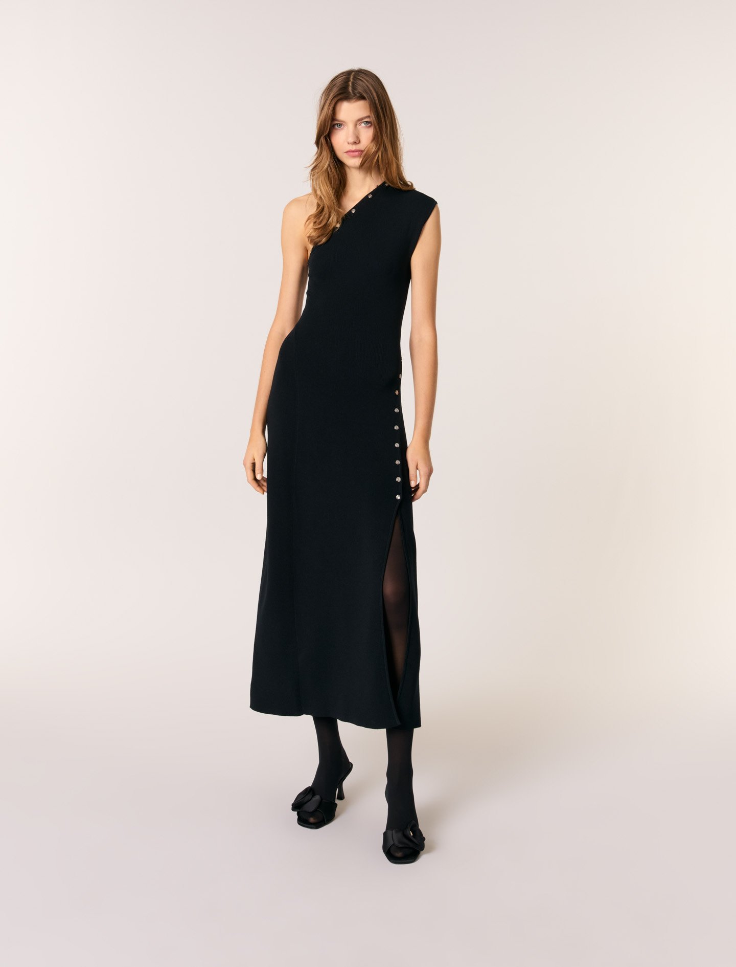 Woman's viscose, Asymmetric knit maxi dress for Spring/Summer, size Woman-Maxi dresses-US XL / FR 41, in color Black / Black