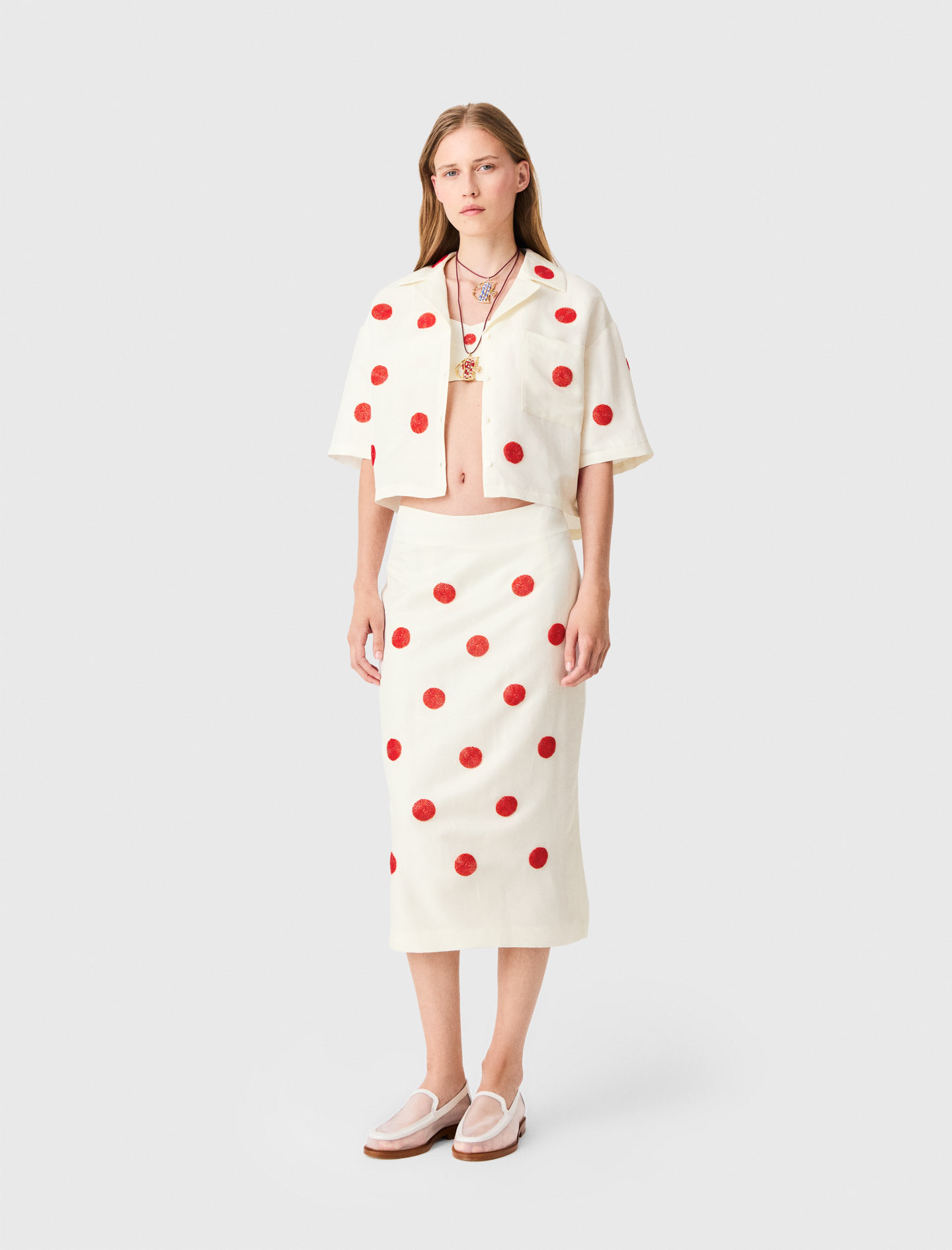 Embroidered linen-silk pencil skirt