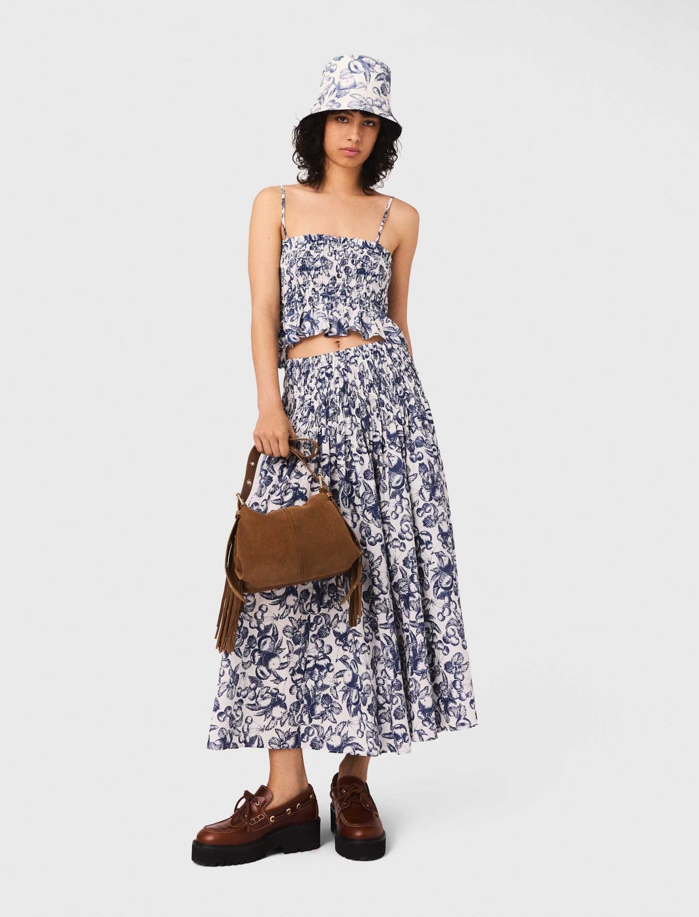 Maje Woman's cotton Fruit printed maxi skirt for Fall/Winter, in color Blue fruits print /