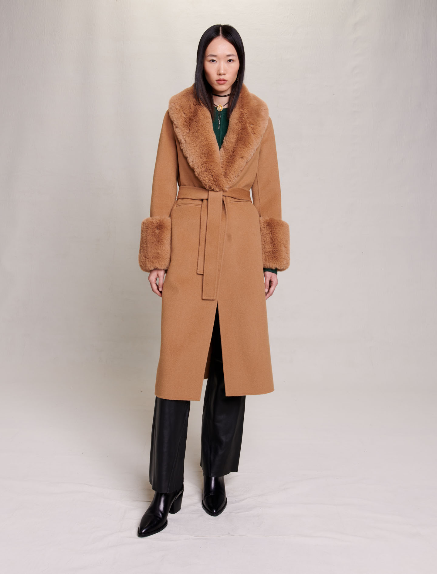 Maje Woman's wool, Long wool coat for Fall/Winter, in color Camel / Brown