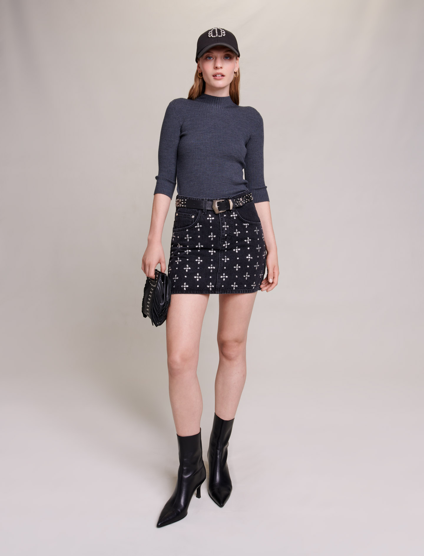 Maje Woman's cotton Pocket lining: Short denim skirt with rhinestones, in color Black / Black