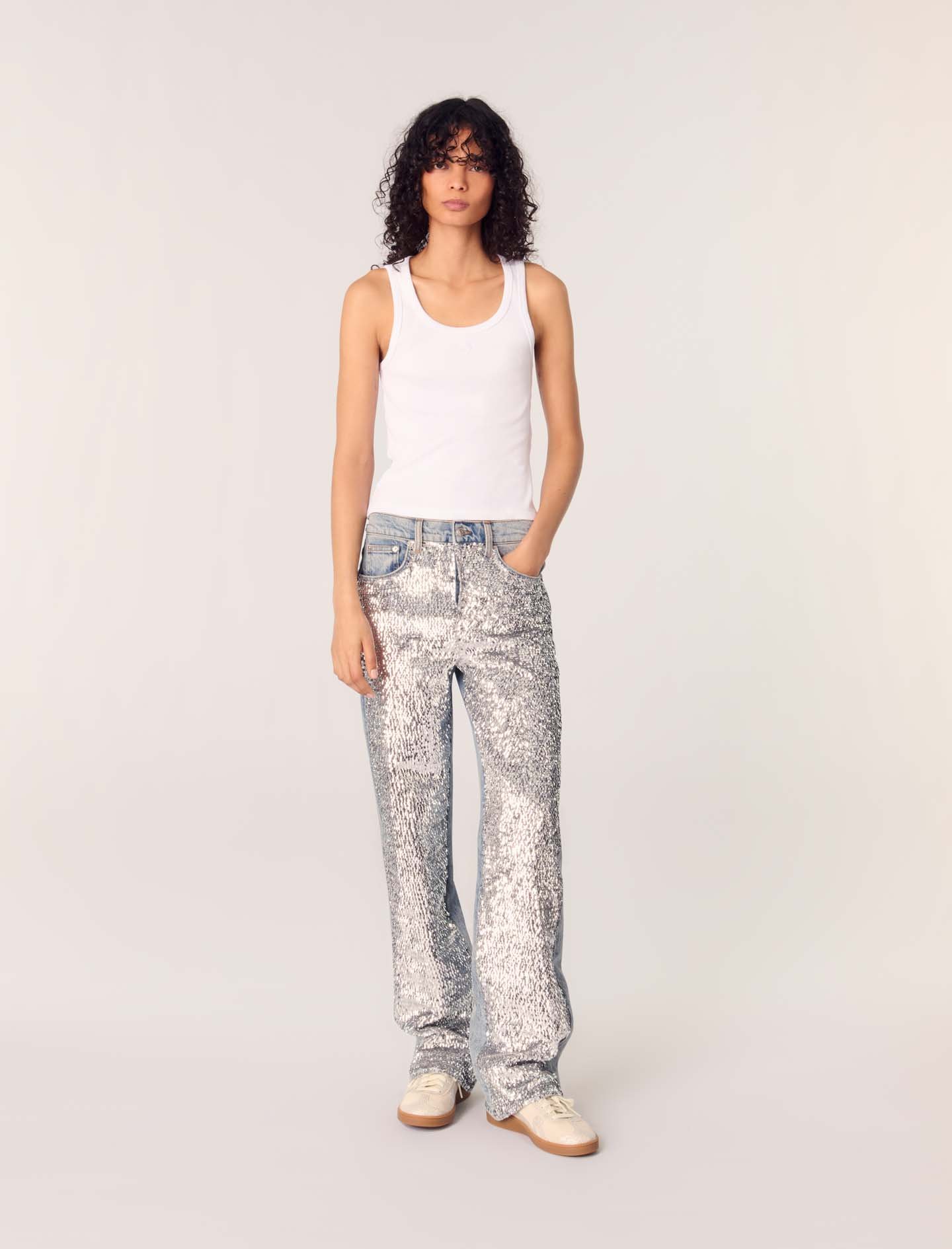 Maje Woman's cotton Sequinned jeans for Spring/Summer, in color Blue Sky / Blue