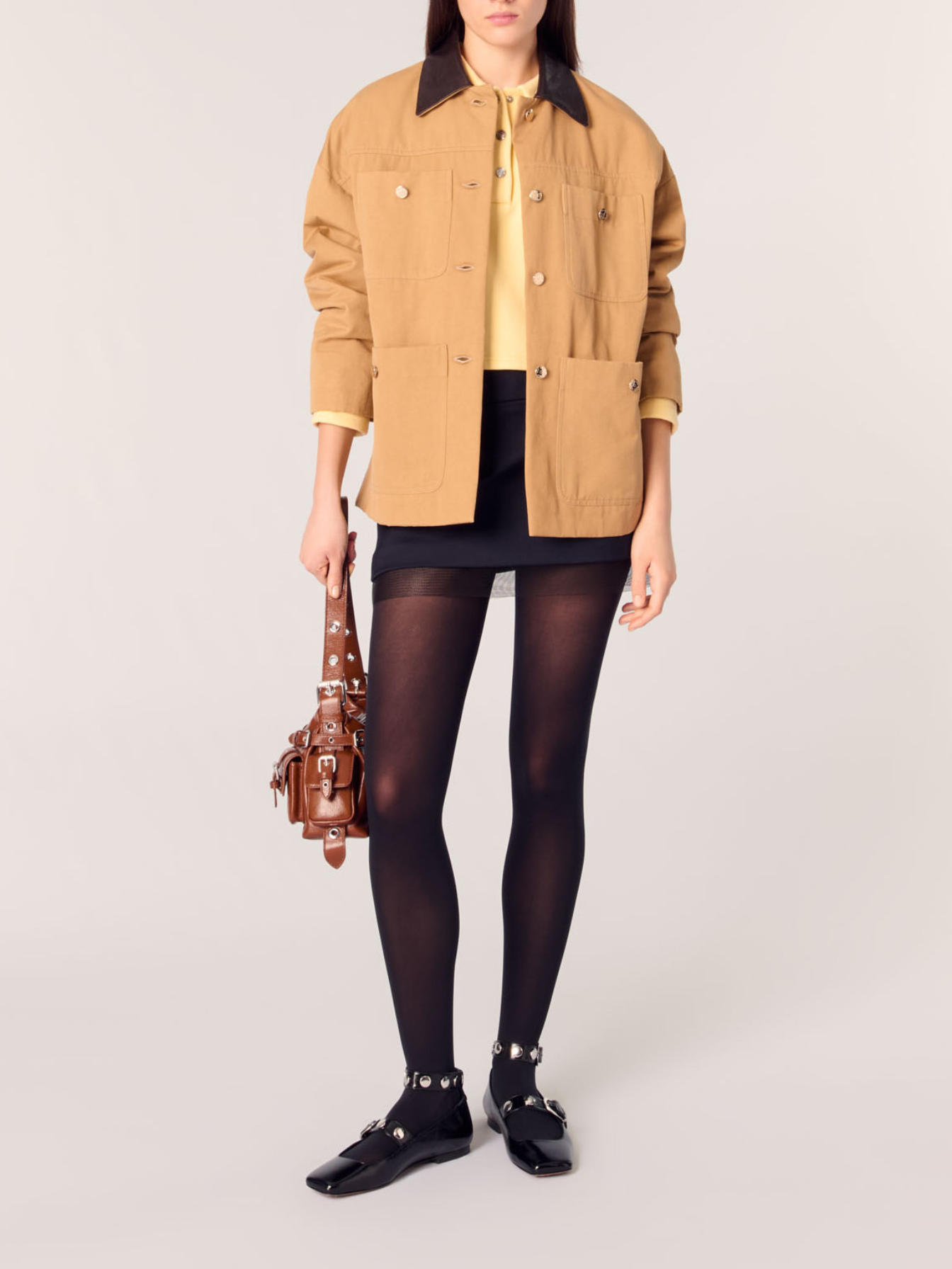 Cotton coat with leather collar Natural For Women | Maje