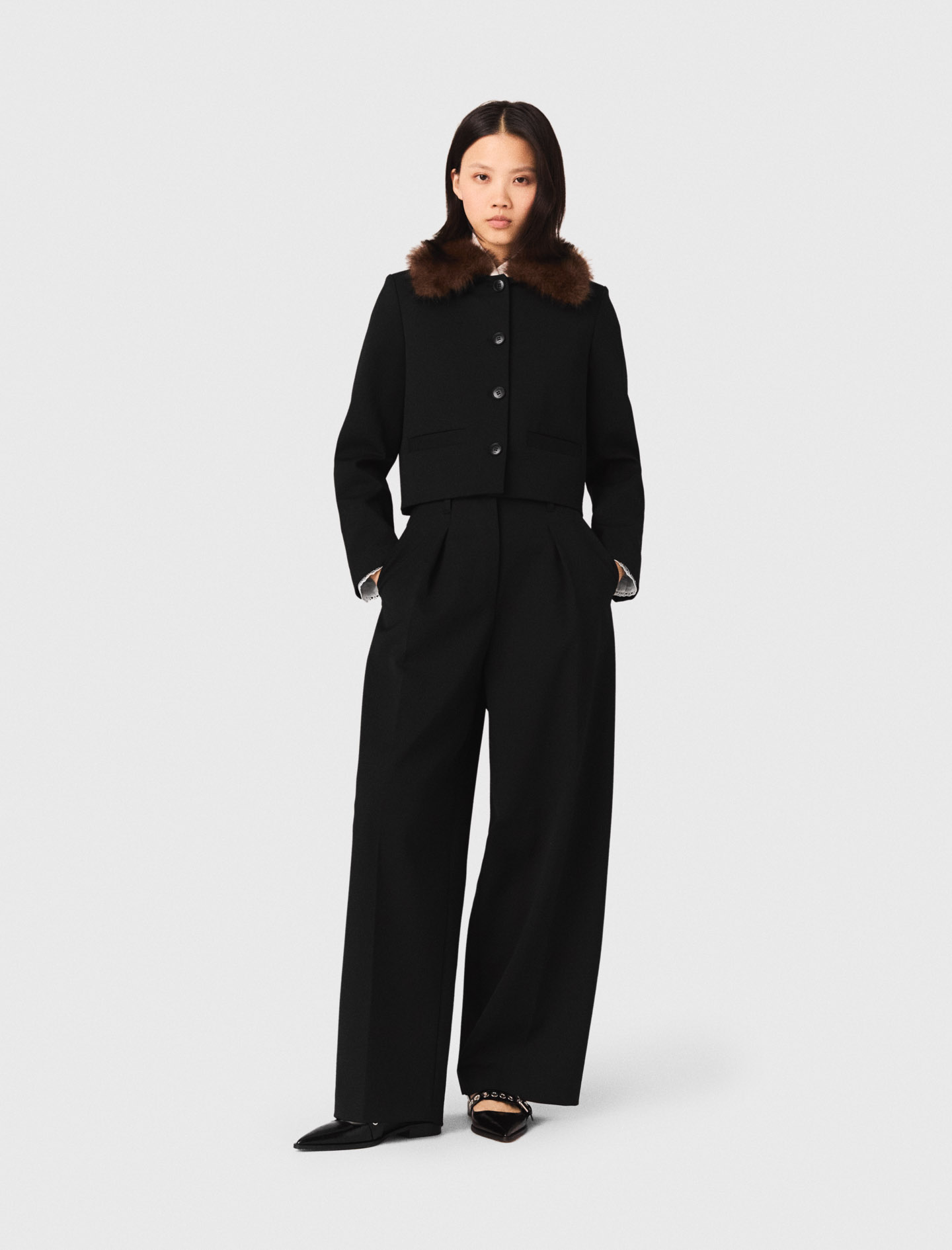 PROJECT WAVE ブラックファージャケット Cropped jacket with removable fur collar Black / Gray For Women | Maje