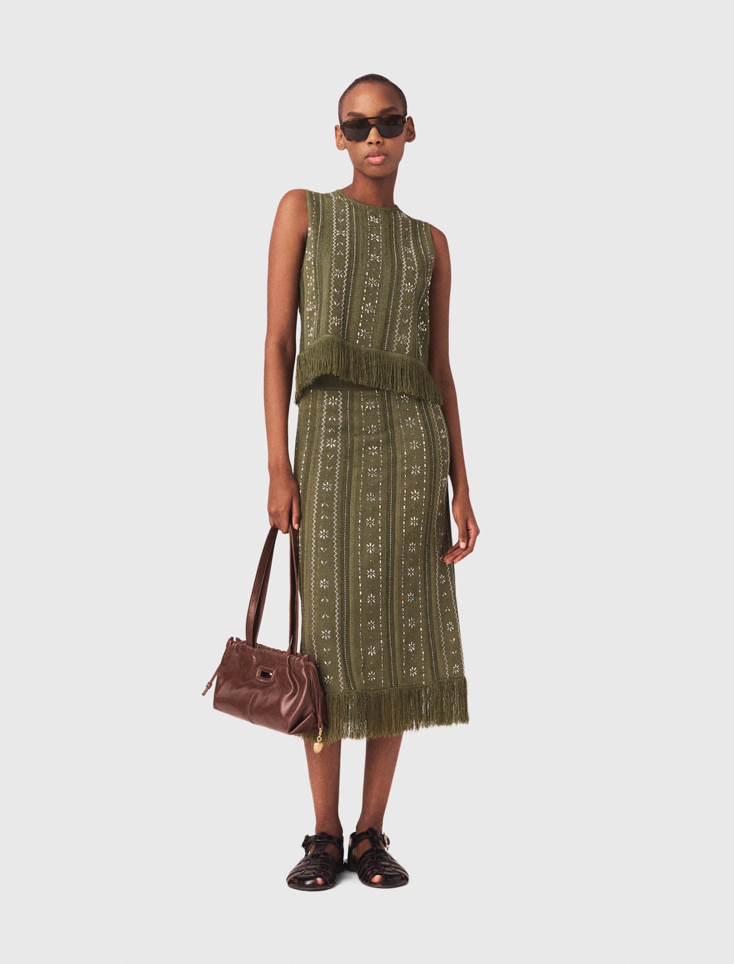Knit skirt with rhinestone flowers Brown For Women | Maje