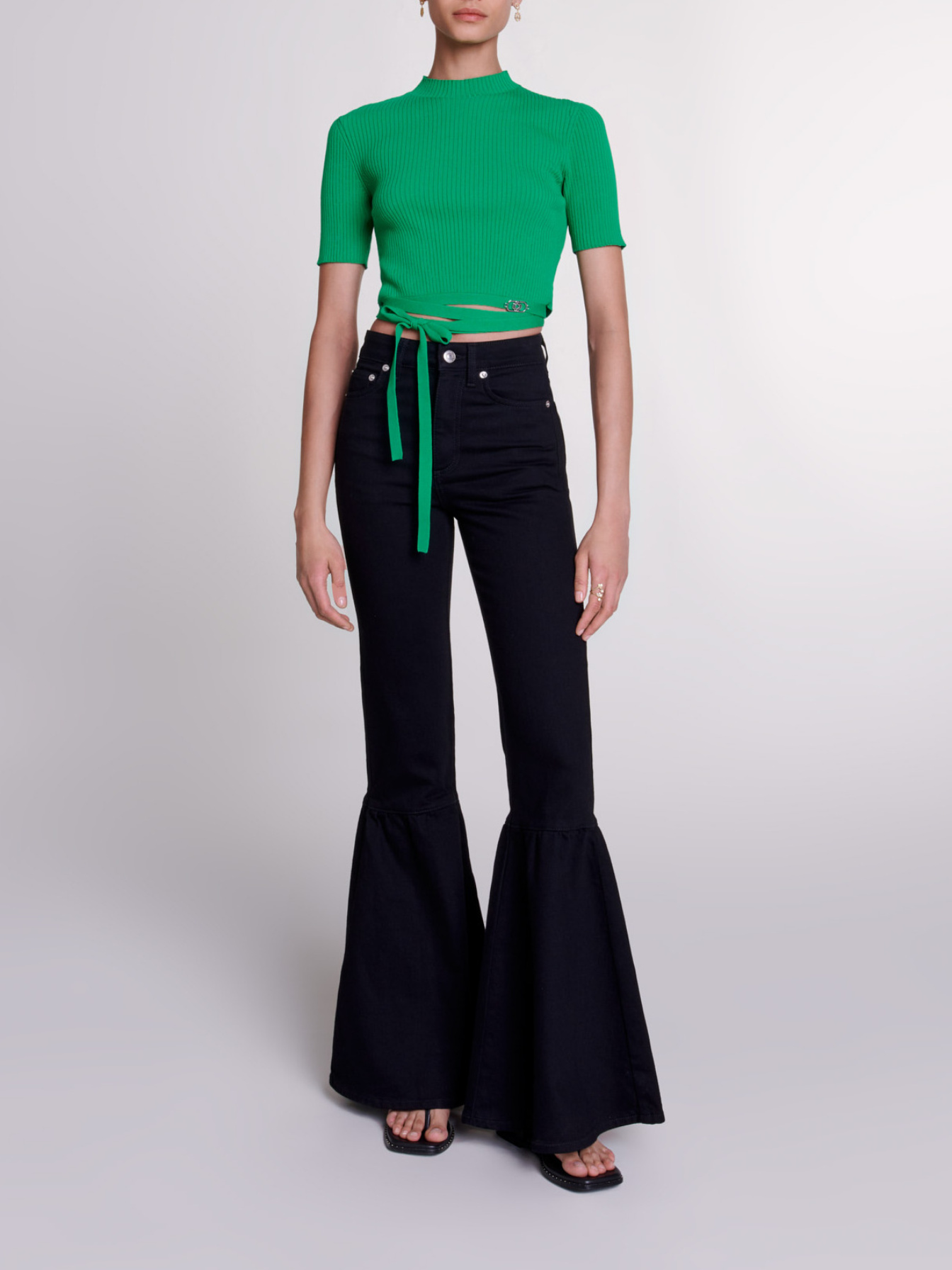 Maje Woman's viscose Knit crop top with ties for Spring/Summer, in color Green / Grey