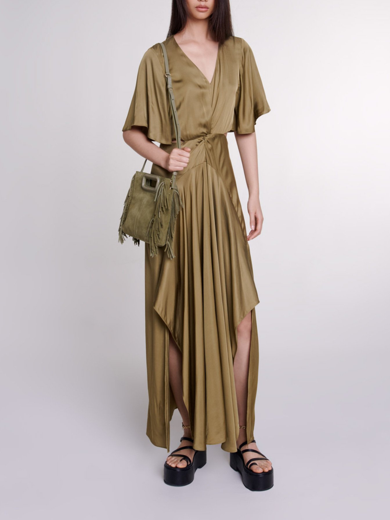 Maje Woman's viscose Openwork satin-effect maxi dress for Spring/Summer, in color Khaki / Beige