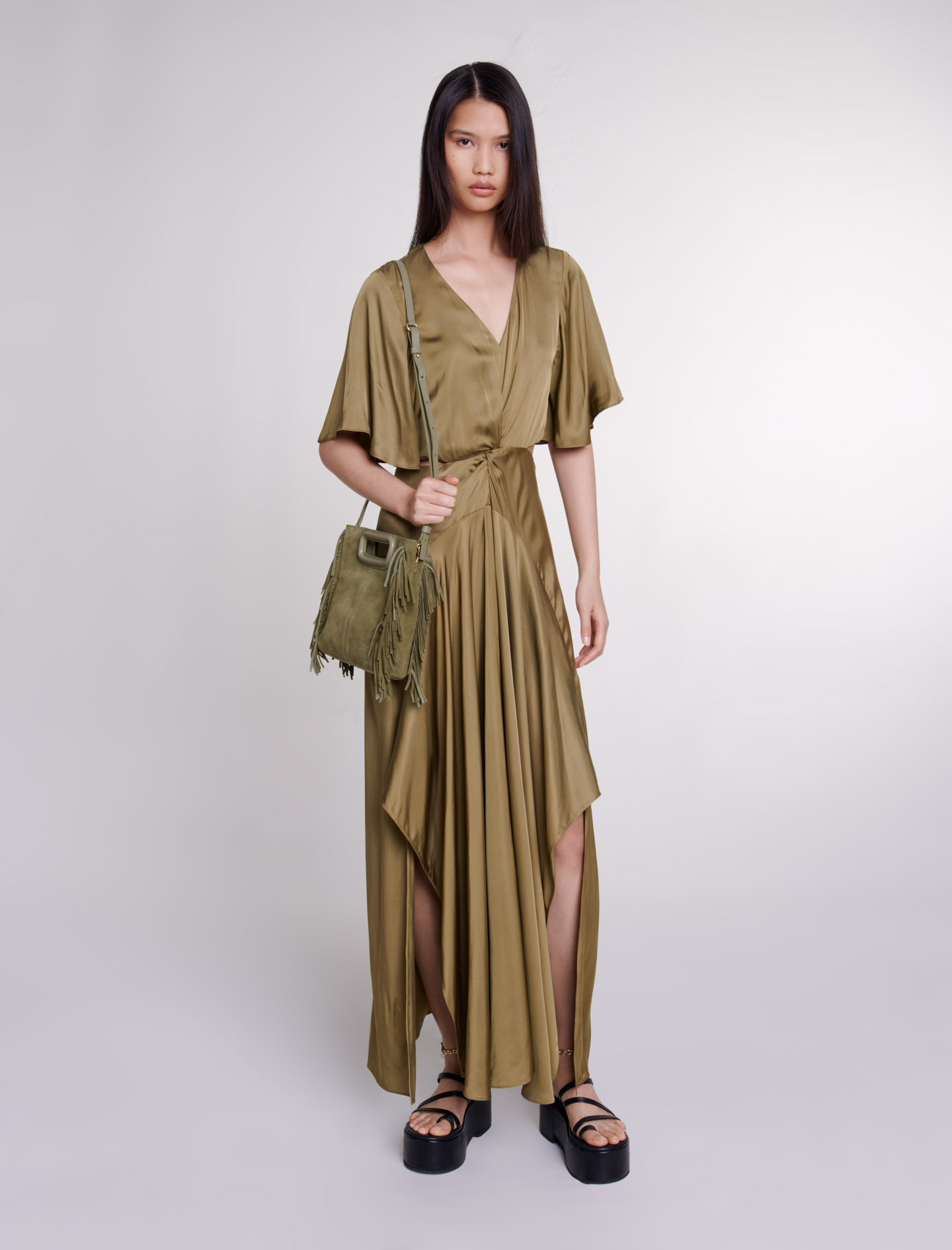 Maje Woman's viscose Lining: Openwork satin-effect maxi dress for Spring/Summer, in color Khaki / Beige