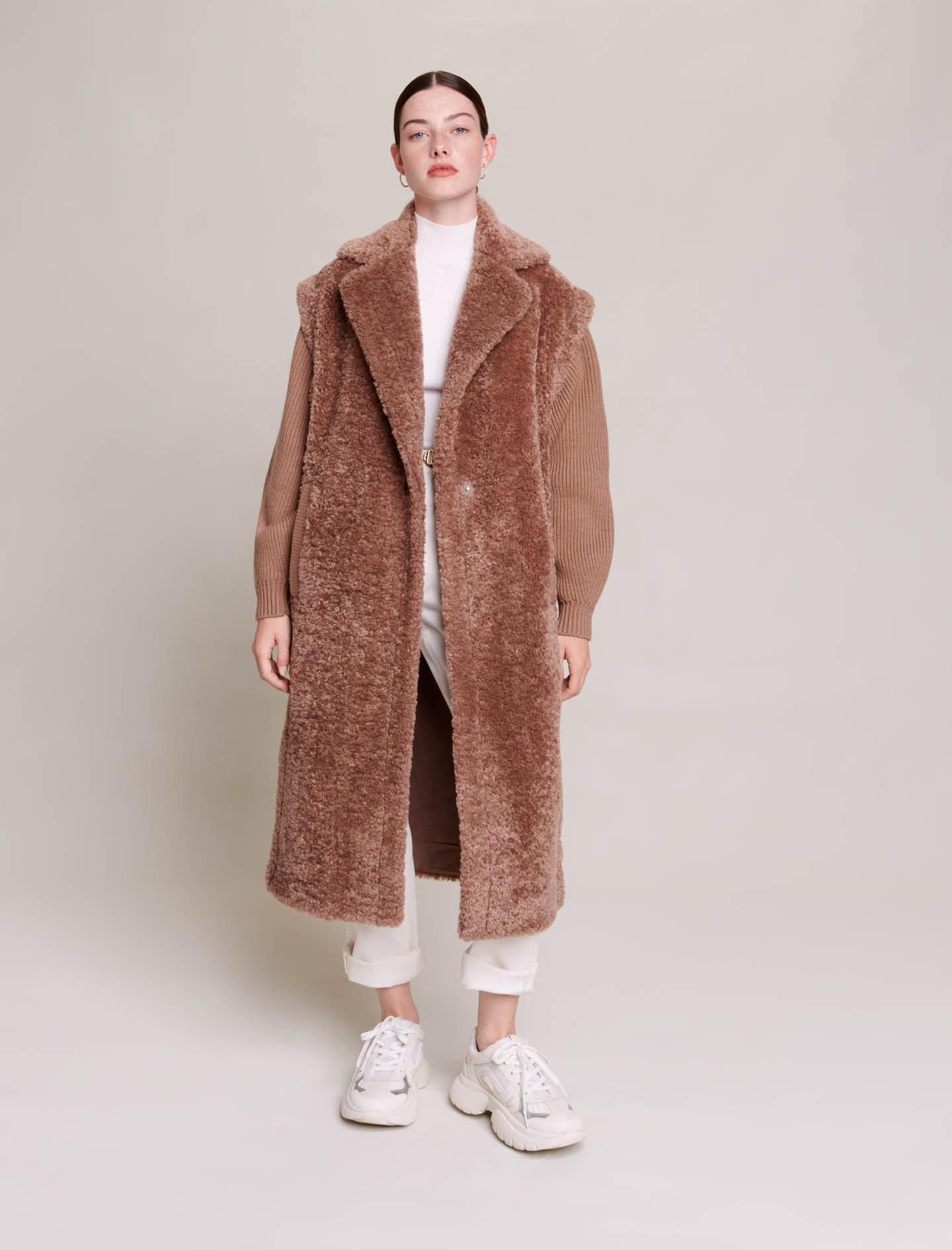 Maje Woman's polyester Sleeves: Long faux fur coat for Fall/Winter, in color Brown / Brown
