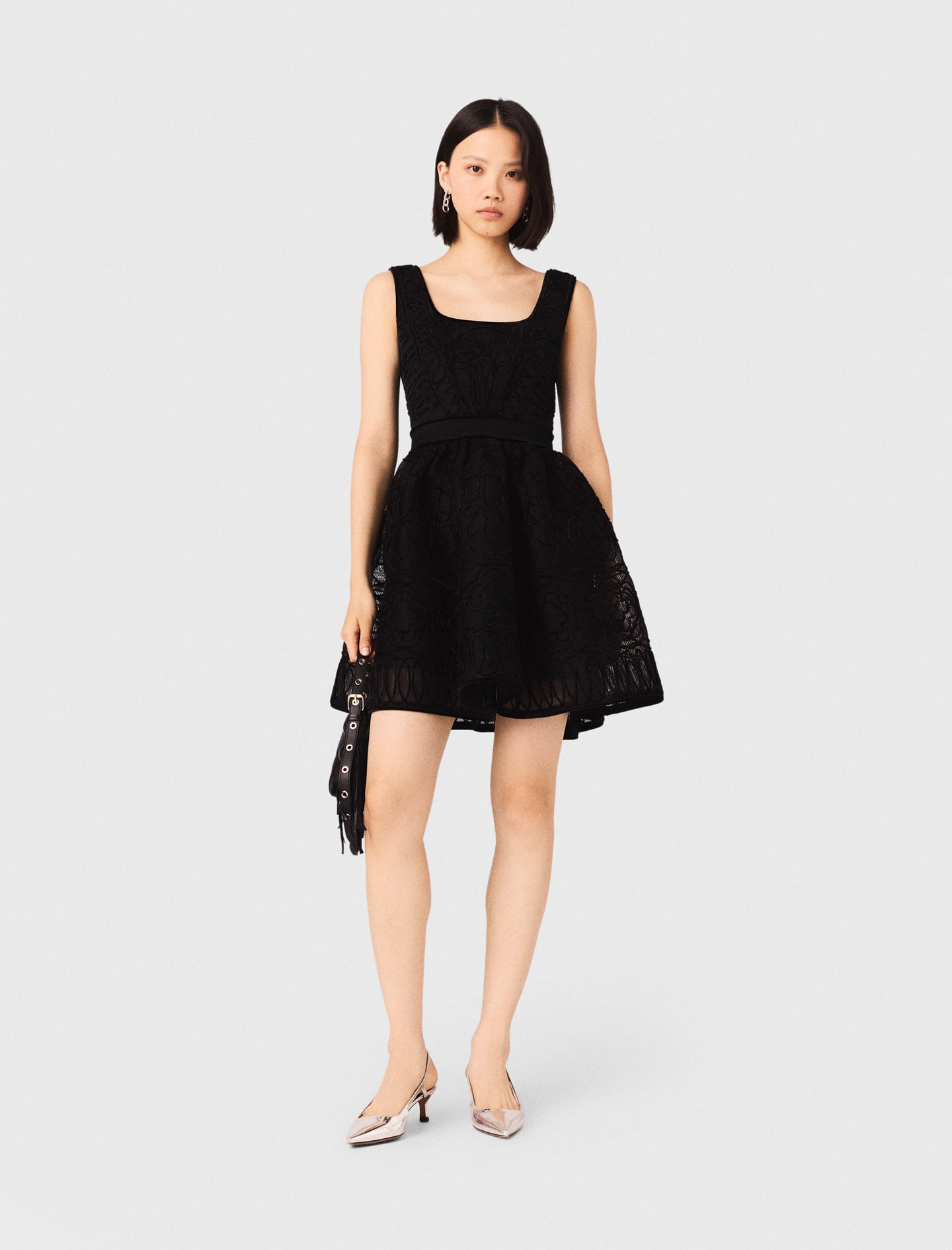 Short embroidered basket knit dress Black / Gray For Women | Maje Short embroidered basket knit dress Black / Gray For Women | Maje