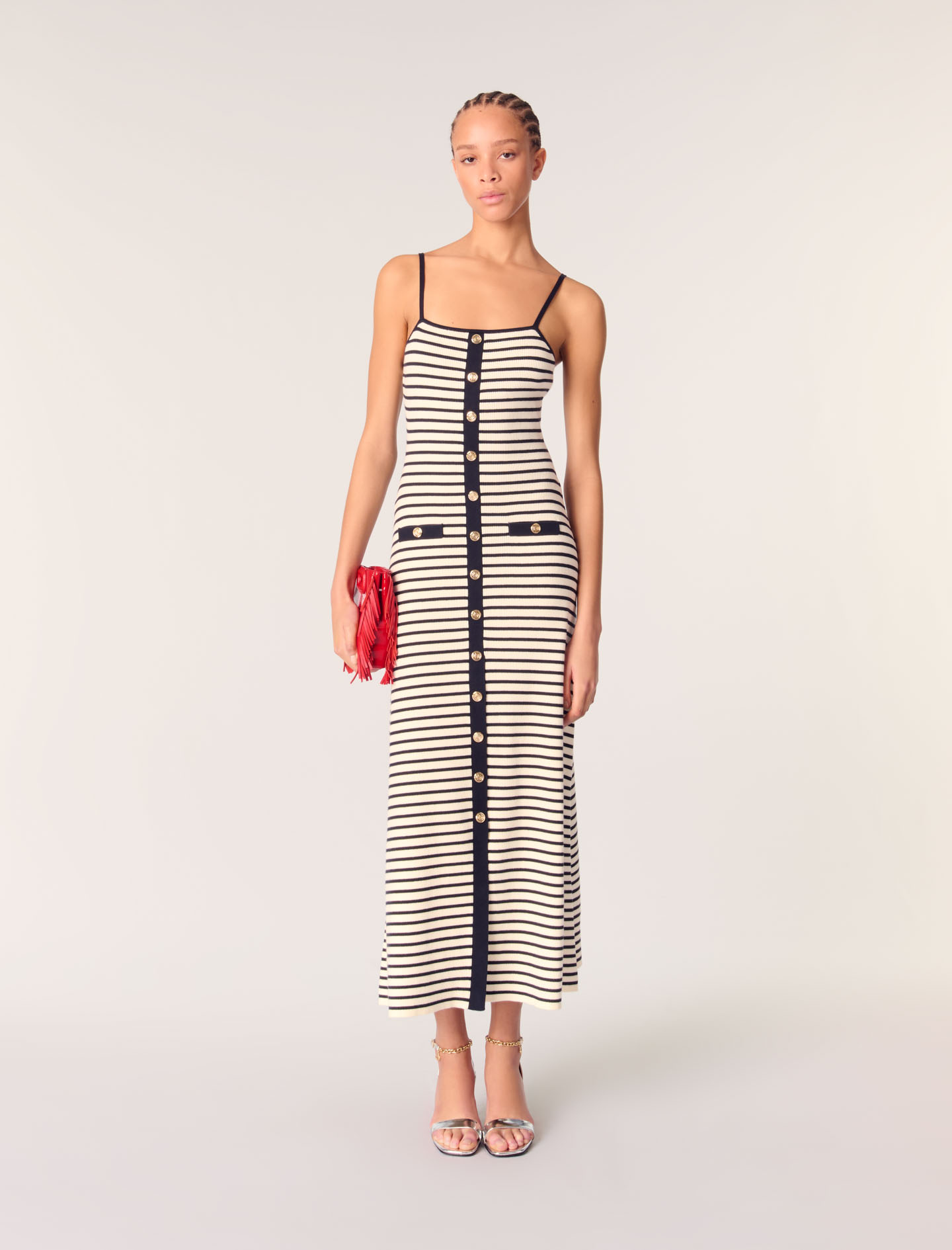 Maje Woman's cotton Rib knit maxi dress for Spring/Summer, in color Navy / Ecru / Blue