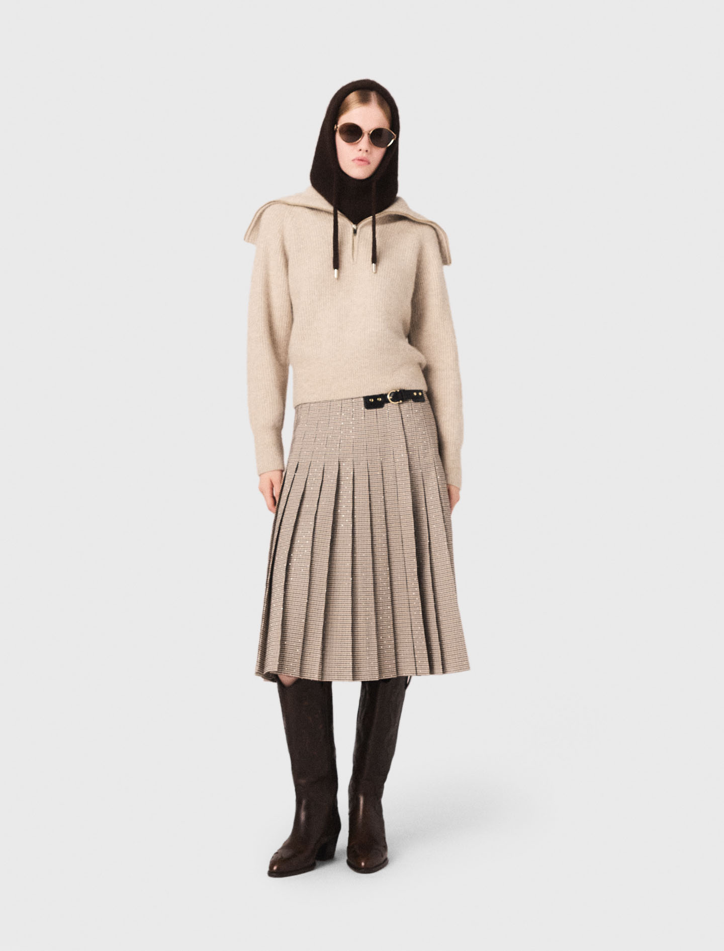Maje Woman's alpaca Rhinestone sweater with half-zip for Fall/Winter, in color Beige / Beige