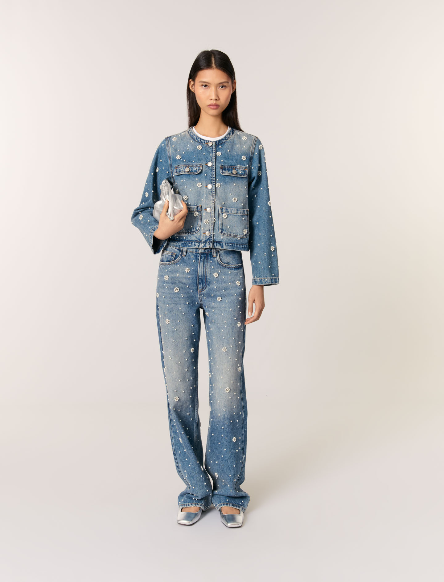 Maje Woman's cotton Embroidered denim jacket for Spring/Summer, in color Blue / Blue