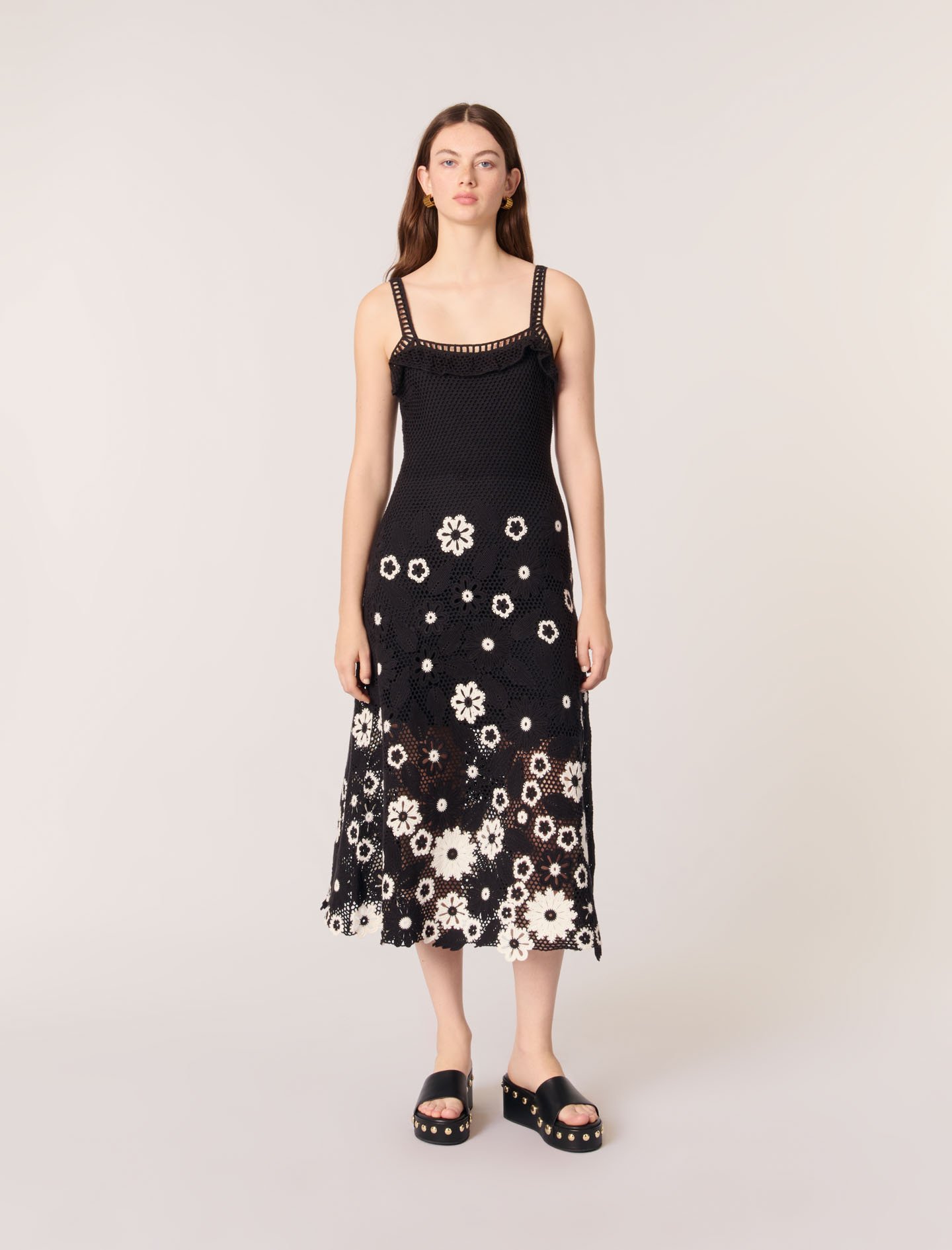 Woman's cotton Floral crochet maxi dress for Spring/Summer, size Extra Extra Large, in color Black / White / Black