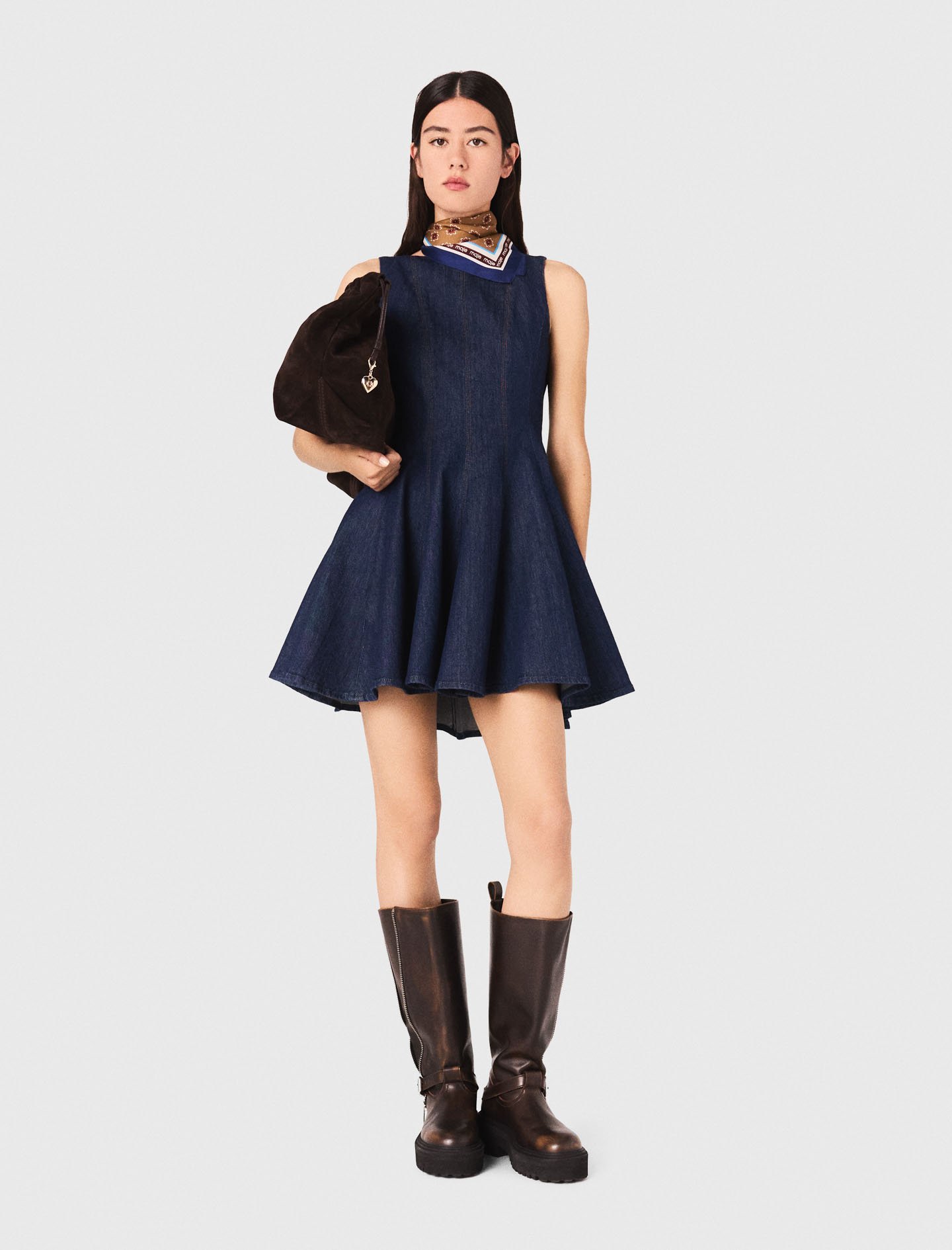 Maje Woman’s cotton Mini denim dress with ruffles for Fall/Winter, size Extra Extra Large, in color Navy / Blue