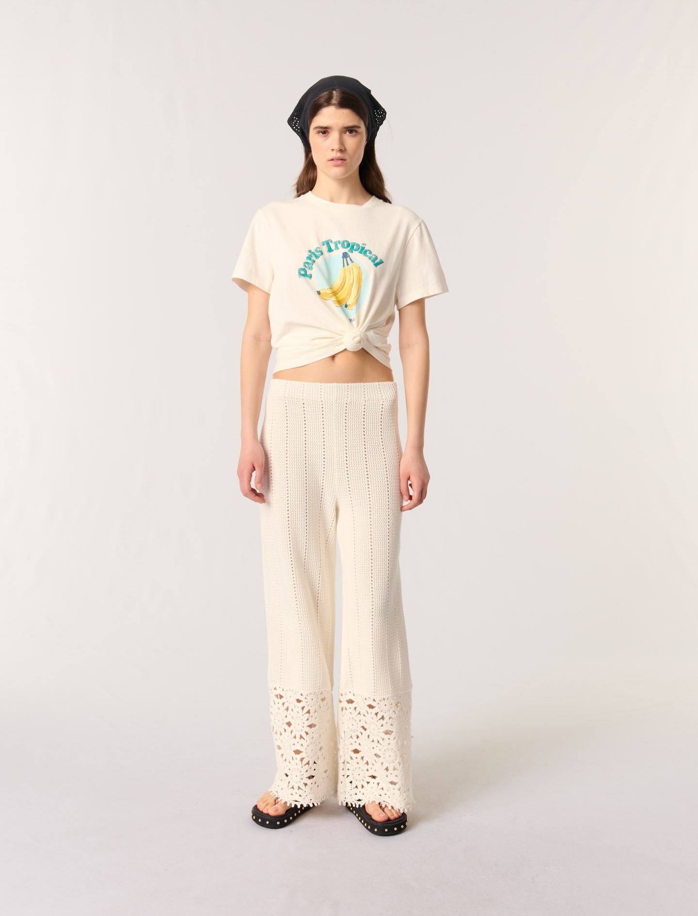 Woman's cotton Crochet trousers for Spring/Summer, size Small, in color White / White