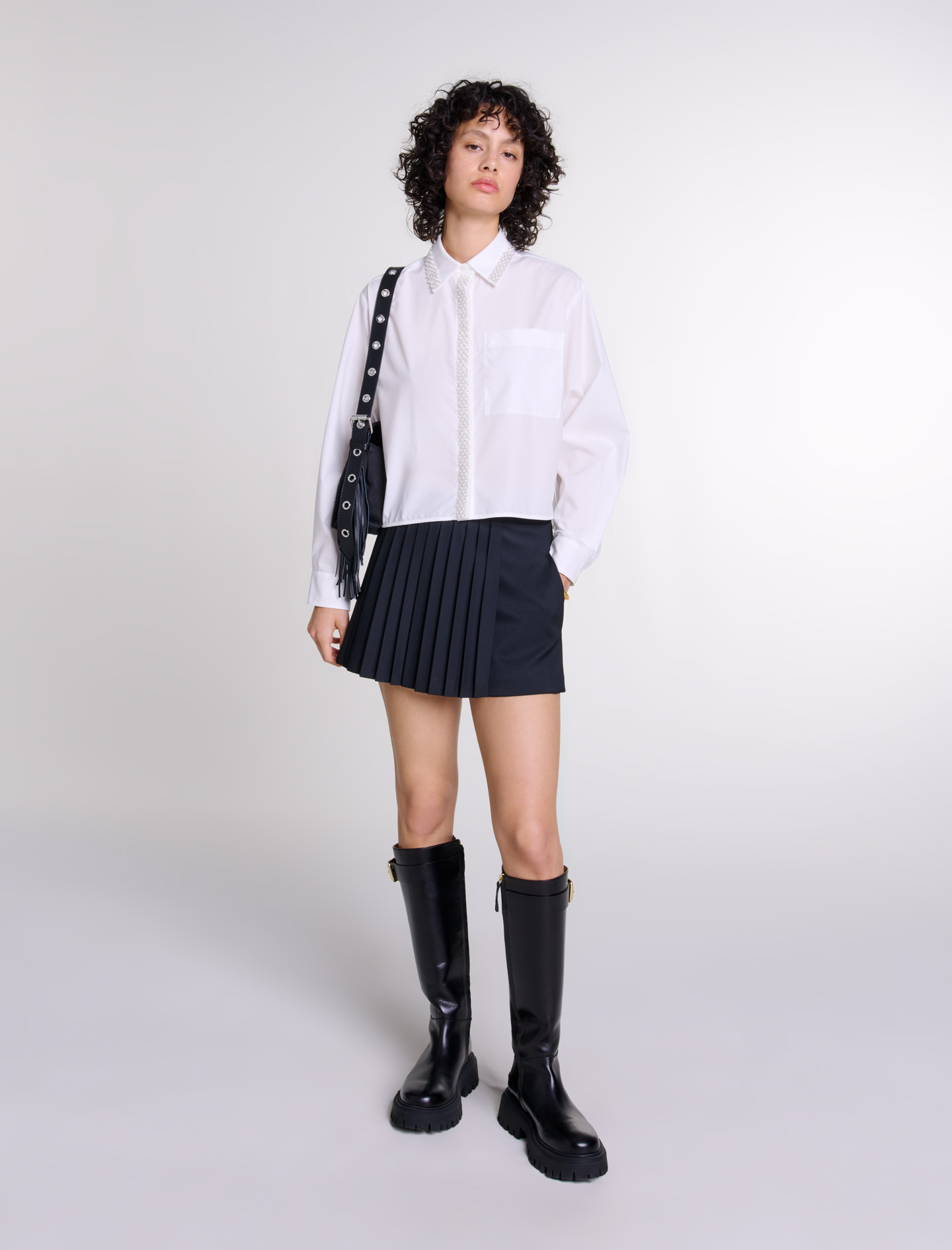 Woman's cotton Buttons: Beaded cropped shirt for Fall/Winter, size Woman-Tops & Shirts-US L / FR 3, in color White / White