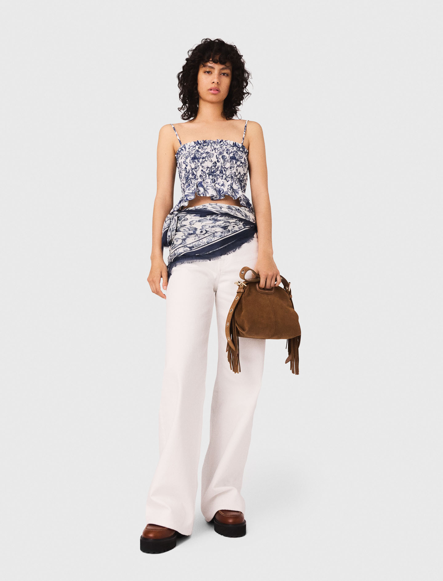 Maje Woman's cotton Fruit printed smocked top for Fall/Winter, in color Blue fruits print /