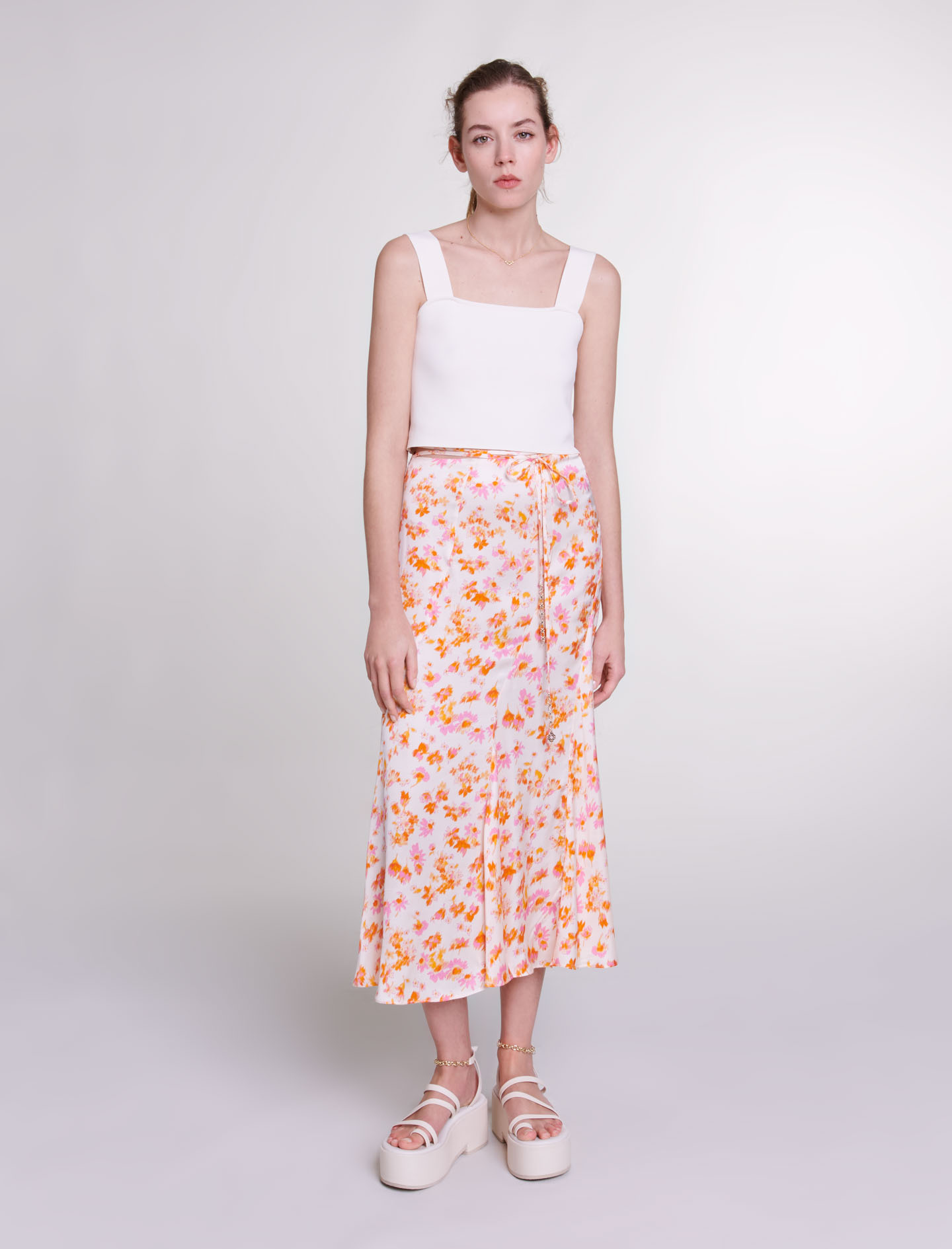 Mixte's viscose Satin-effect floral skirt for Spring/Summer, size Mixte-Skirts & Shorts-US XL / FR 41, in color Orange Flower Print /