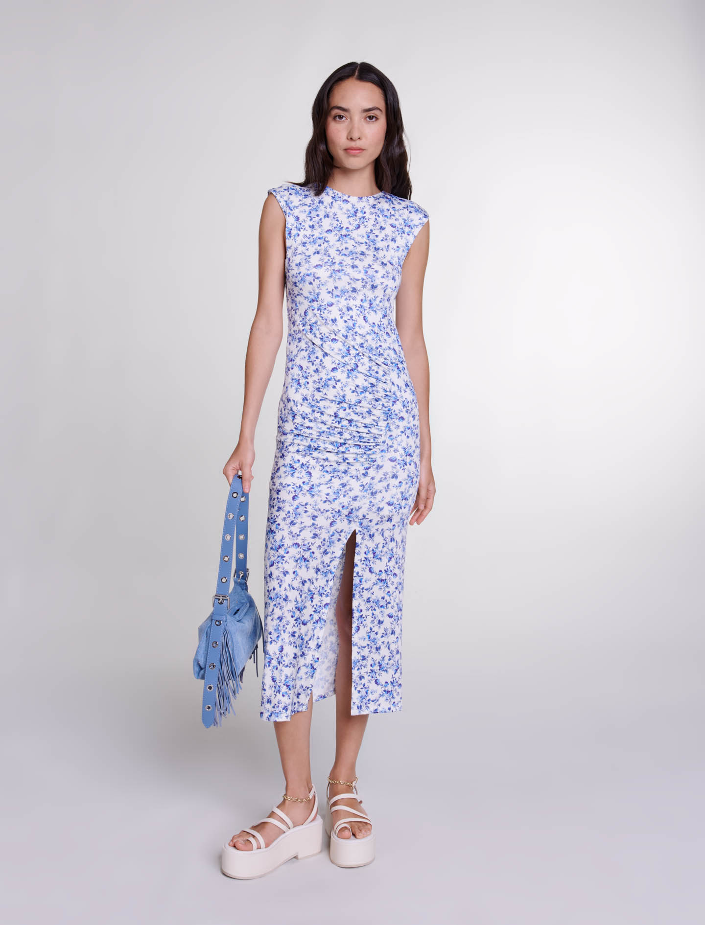 Maje Woman's polyester, Patterned maxi dress for Spring/Summer, in color small blue flower print /