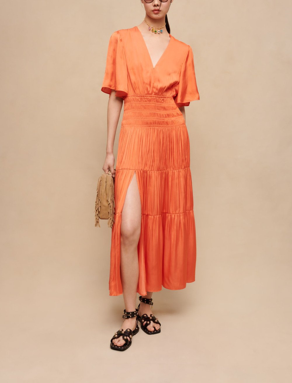 Maje Woman's polyester Long satiny dress for Spring/Summer, in color Orange / Orange