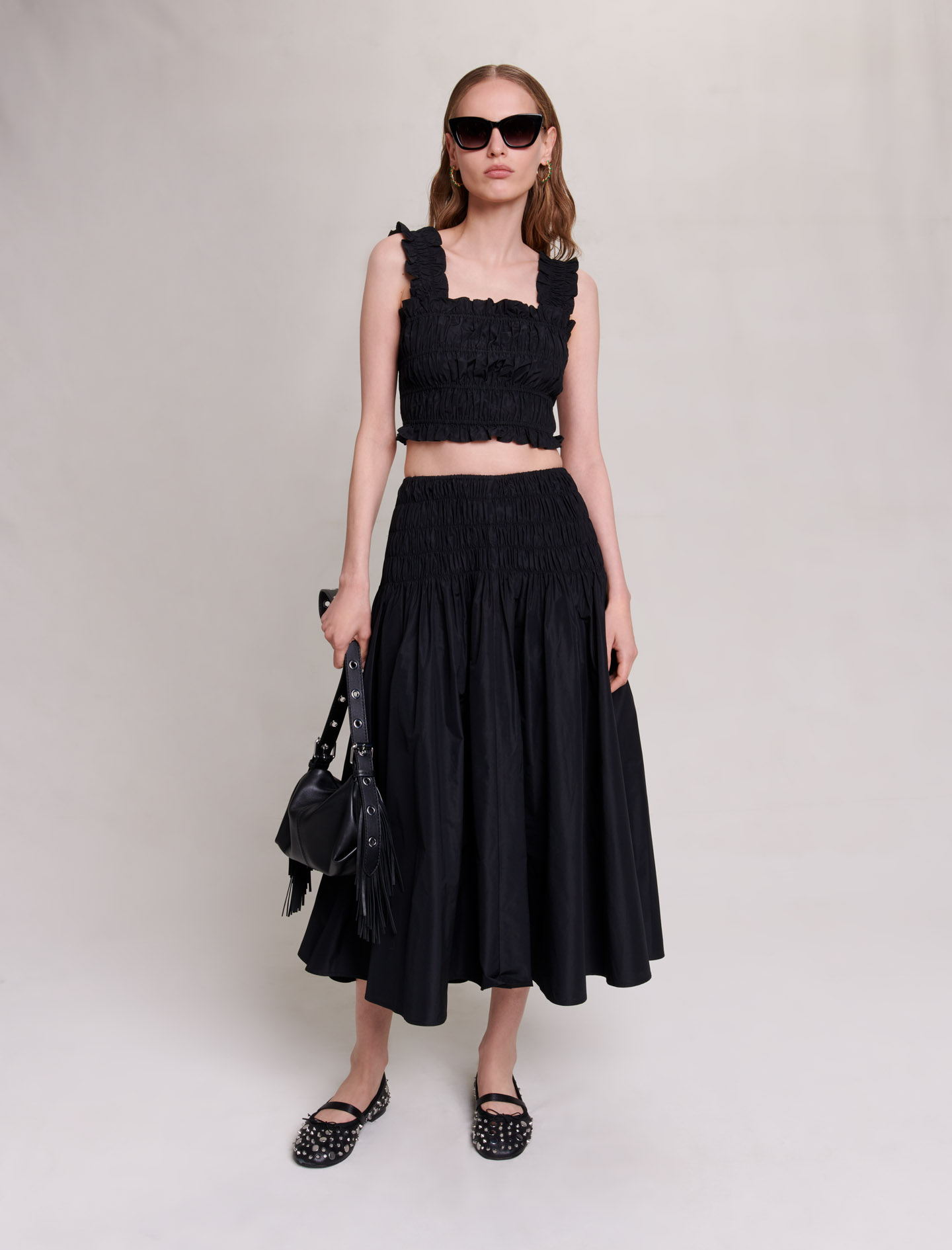 Maje Woman's polyester Elastic: Smocked maxi skirt for Fall/Winter, in color Black / Black