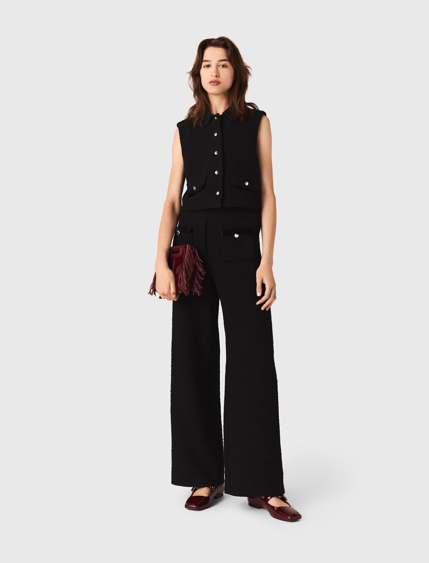 Maje Woman's polyester Tweed trousers for Fall/Winter, in color Black / Black