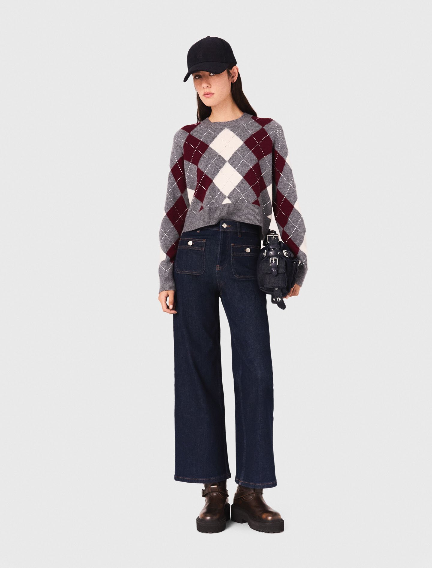 Maje Woman's wool Cropped argyle pattern sweater for Fall/Winter, in color Gray / Burgundy / Ecru /