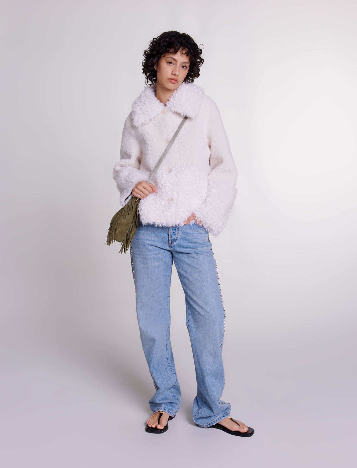 Maje Woman's polyester Lining: Short fake fur coat for Fall/Winter, in color Ecru / Beige