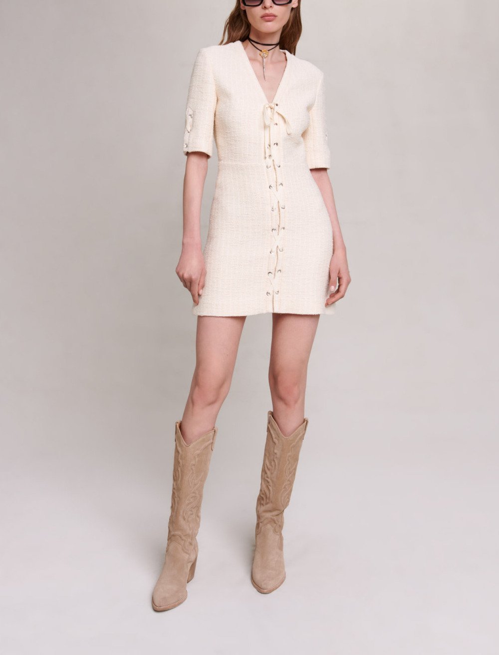 Maje Woman's cotton Short tweed dress for Fall/Winter, in color Ecru / Beige