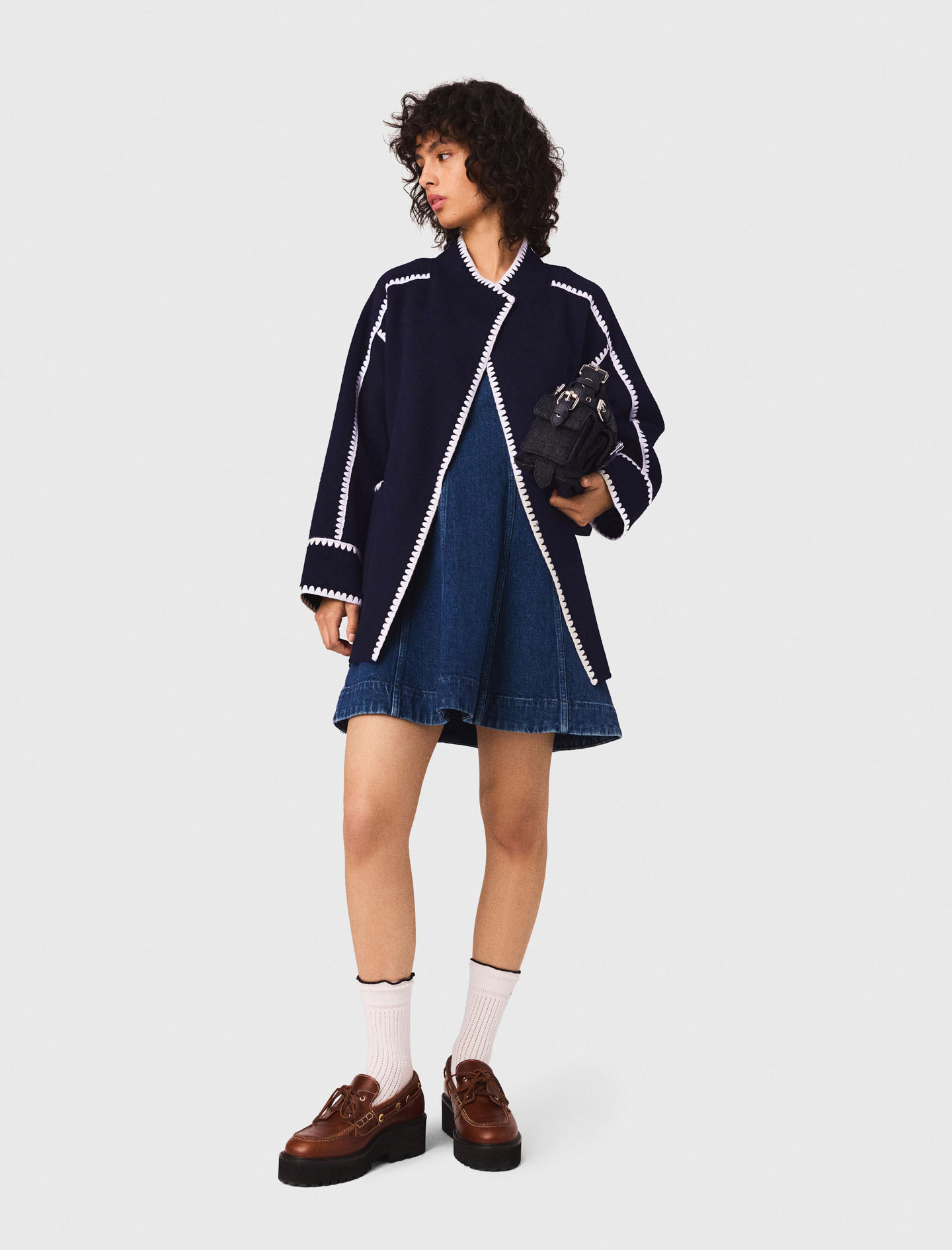 Maje Woman's wool Double-faced coat for Fall/Winter, in color Navy/White /