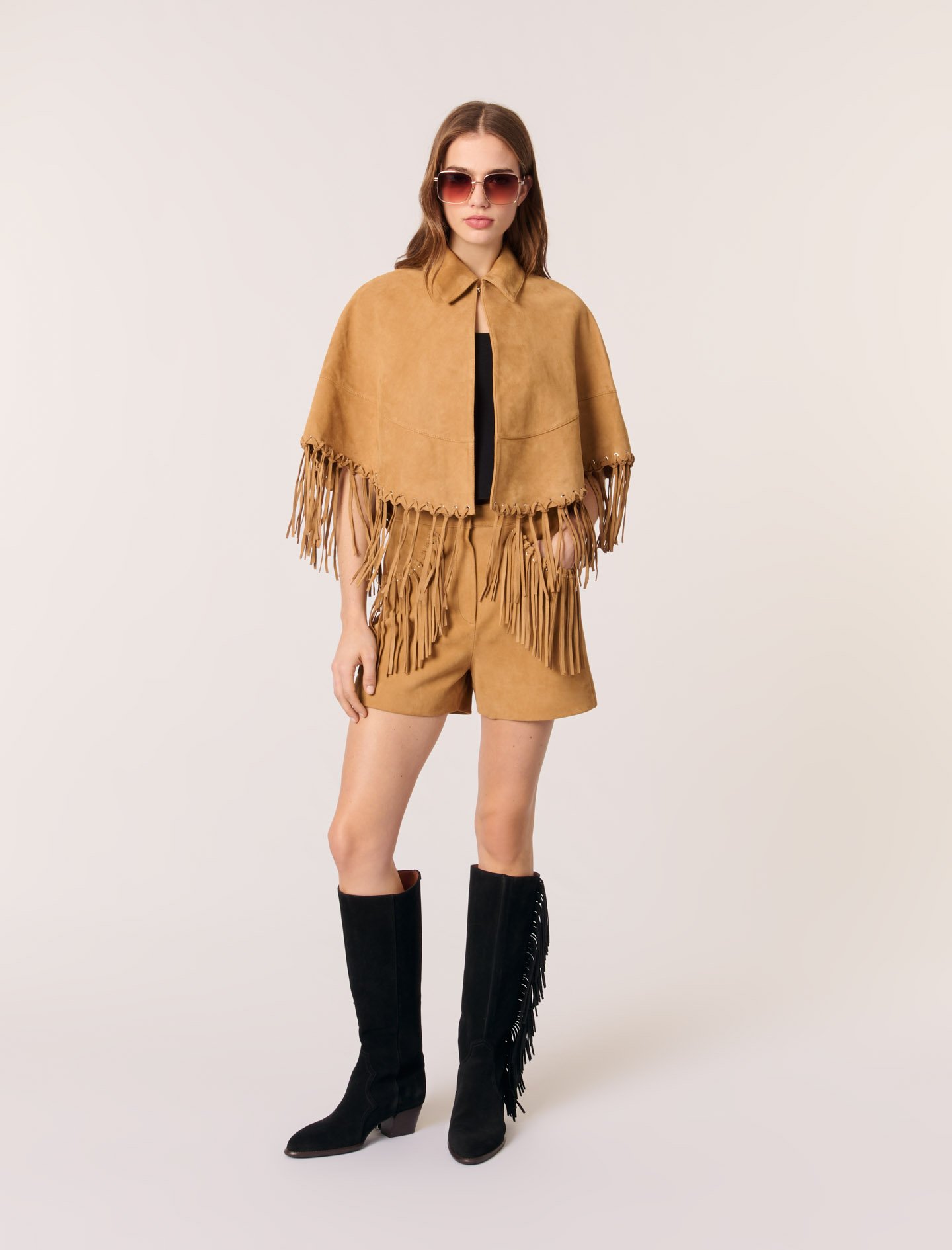 Woman
s polyester Short nubuck fringed coat for Spring/Summer, size Woman-All Styles-US L / FR 3, in color Beige / Beige