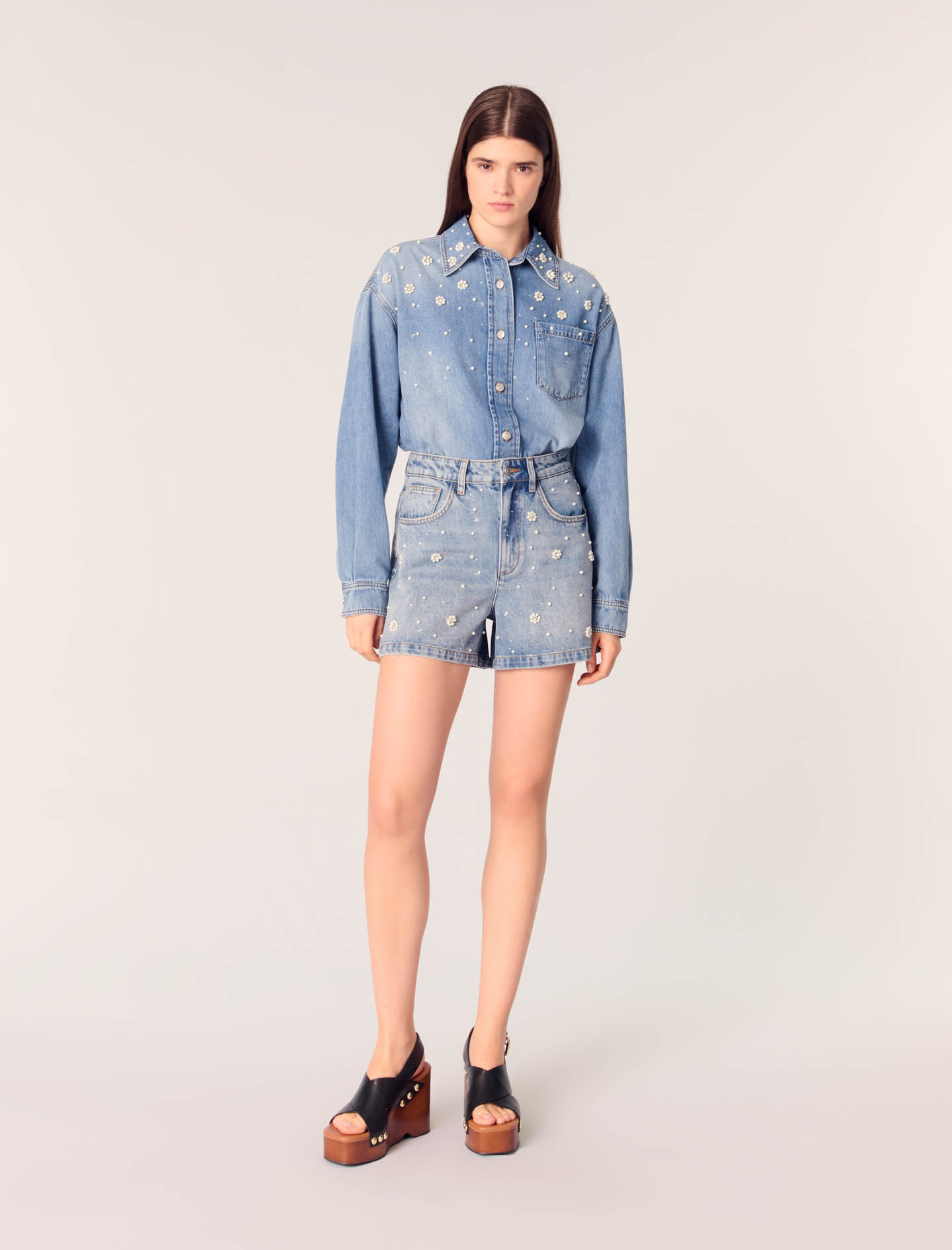 Maje Woman's cotton Denim shorts with embroidered beads for Spring/Summer, in color Blue / Blue