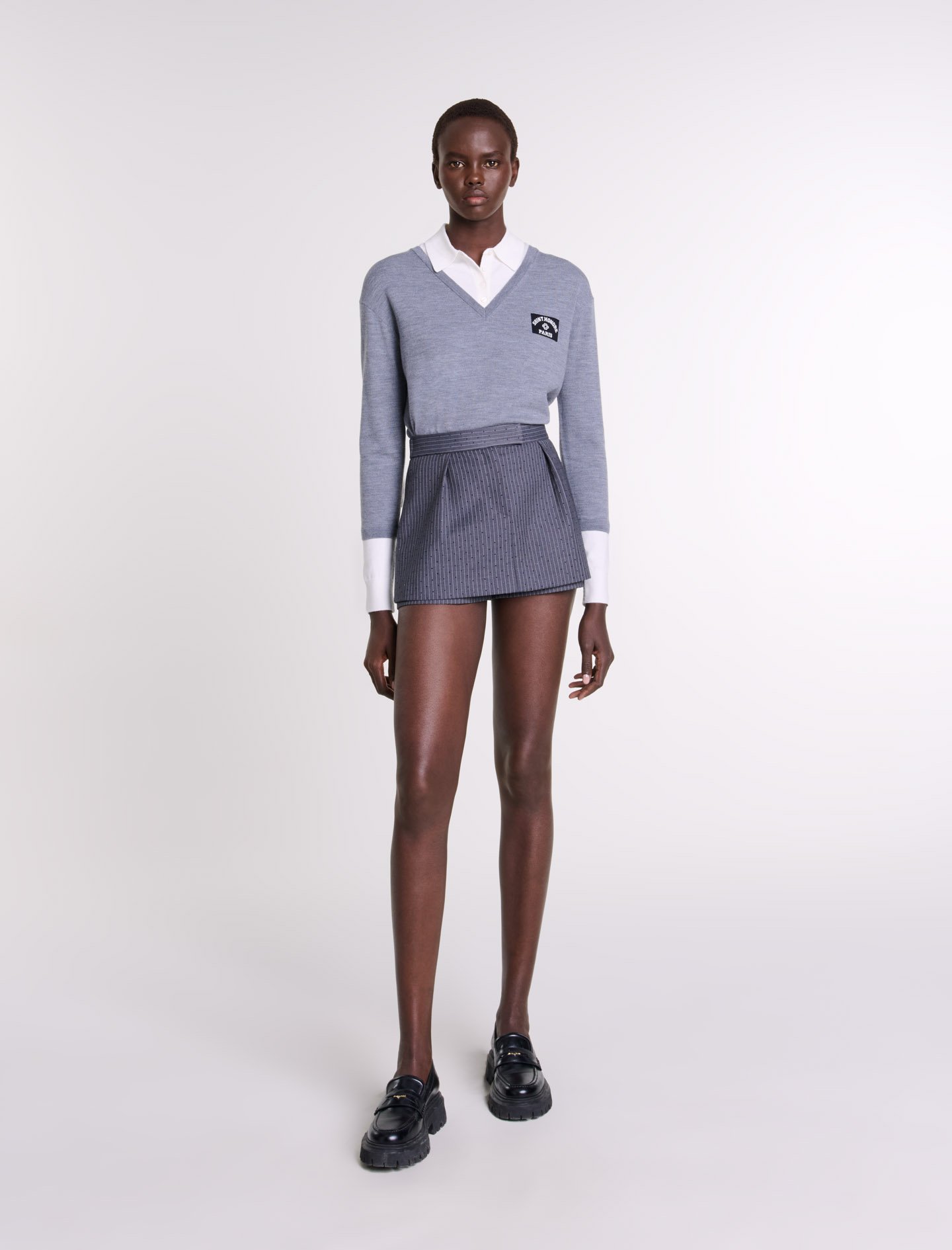 Woman's polyester, Rhinestone layered skort for Fall/Winter, size Woman-Skirts & Shorts-US XL / FR 41, in color Grey rhinestone tennis stripe /
