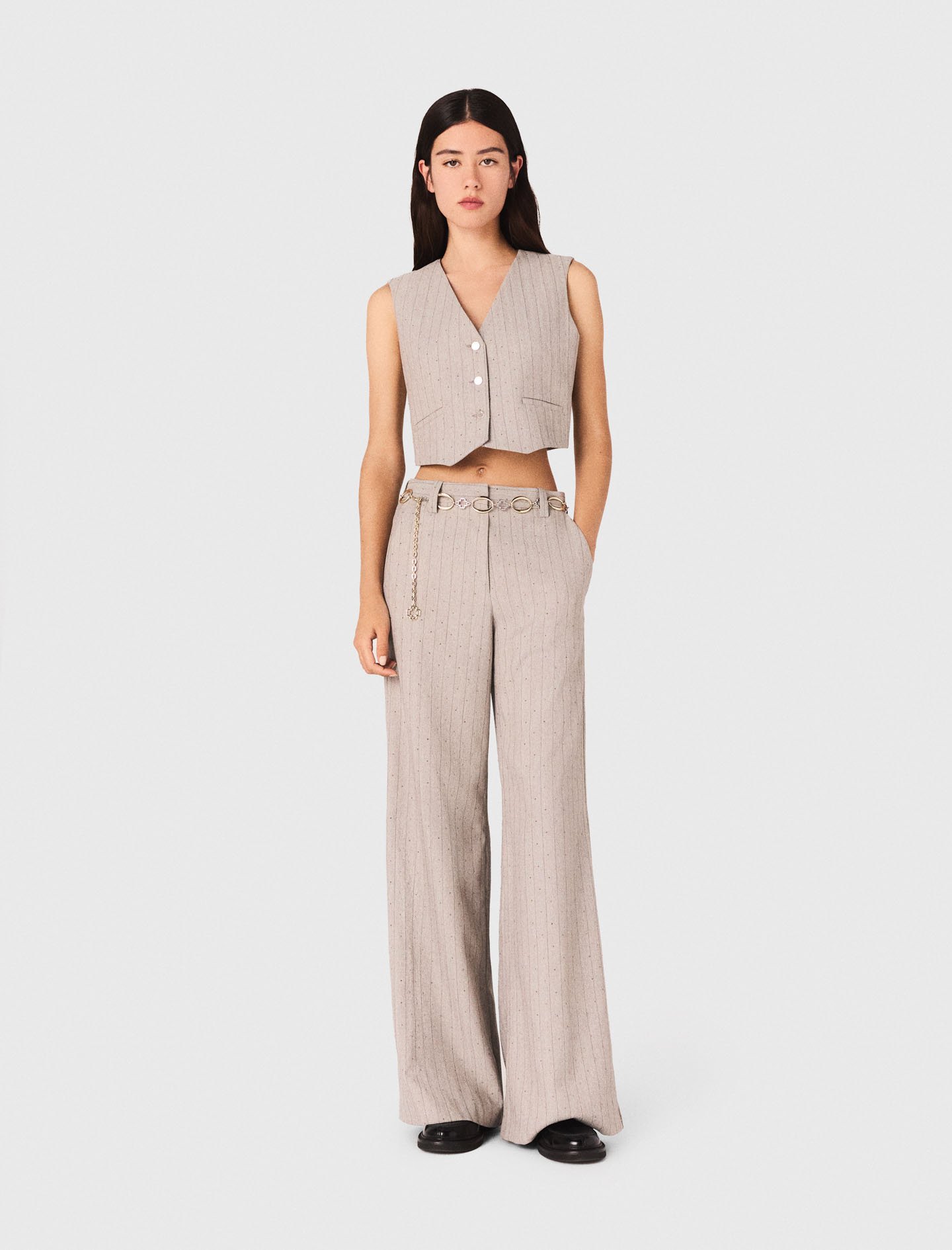 Woman's polyester Rhinestone suit trousers for Fall/Winter, size Medium, in color Light Grey / Grey