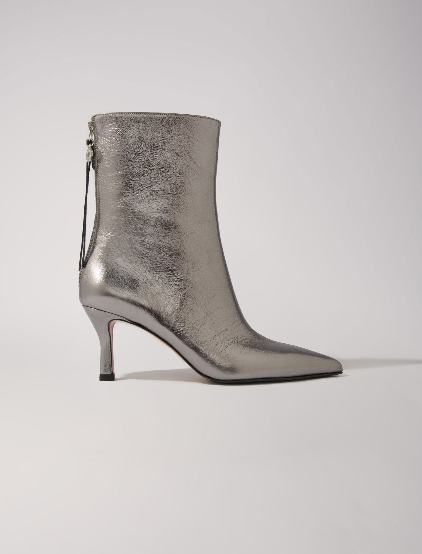 Woman's goat Sock lining: Metallic pointed-toe boots for Fall/Winter, size Woman-All Shoes-US 10.5 / FR 41, in color Light gun metal /