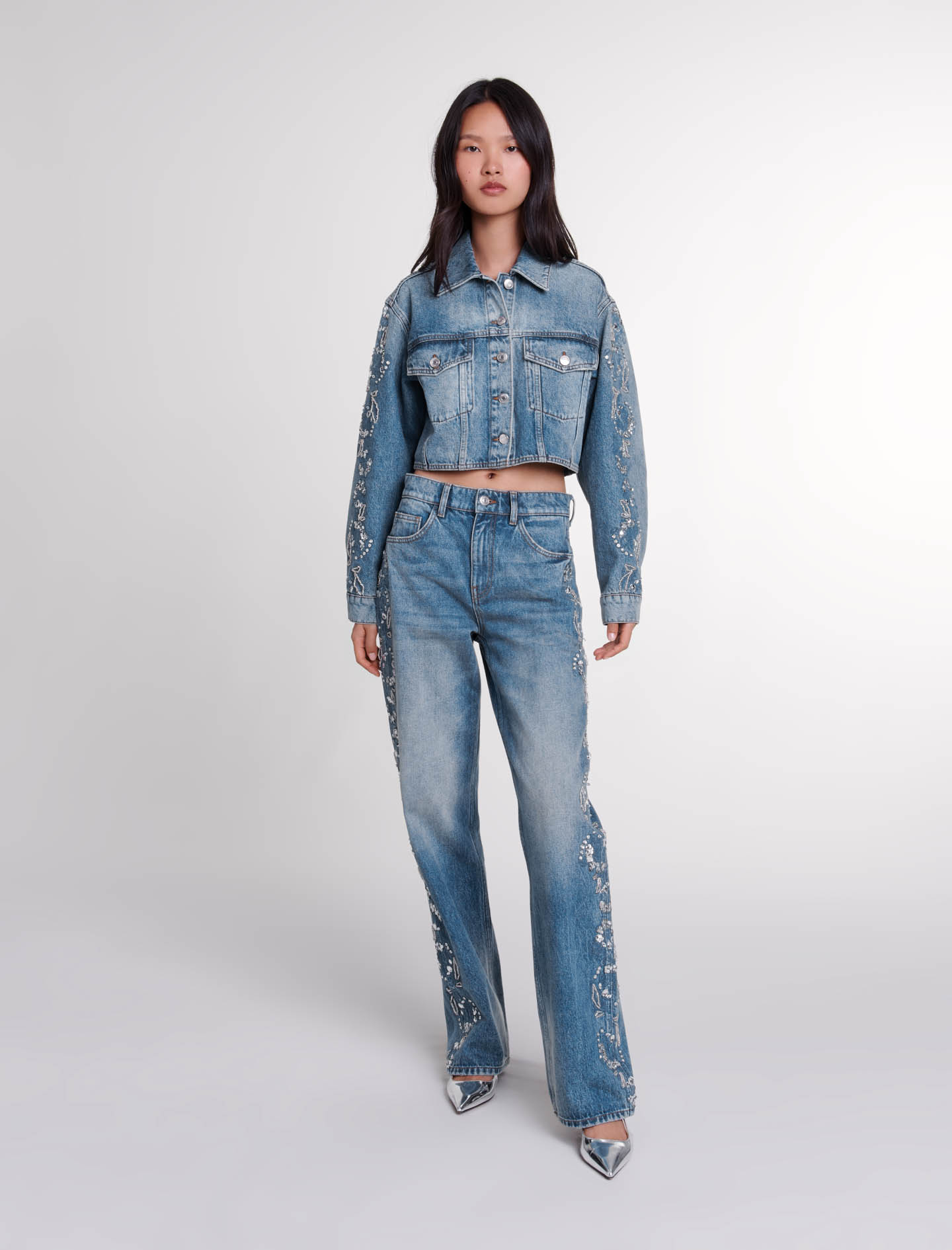 Shop Maje Embroidered Denim Jacket In Blue