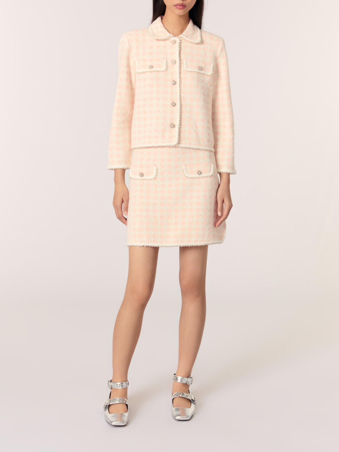 Tweed-effect knit jacket Pink For Women | Maje