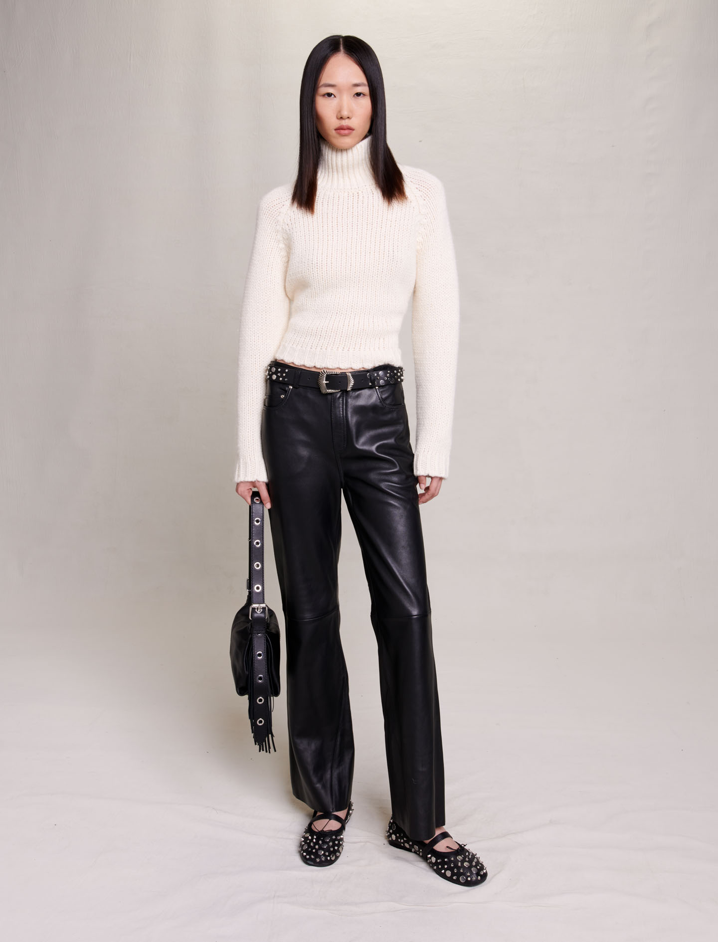 Maje Woman's cotton Leather trousers for Fall/Winter, in color Black / Black