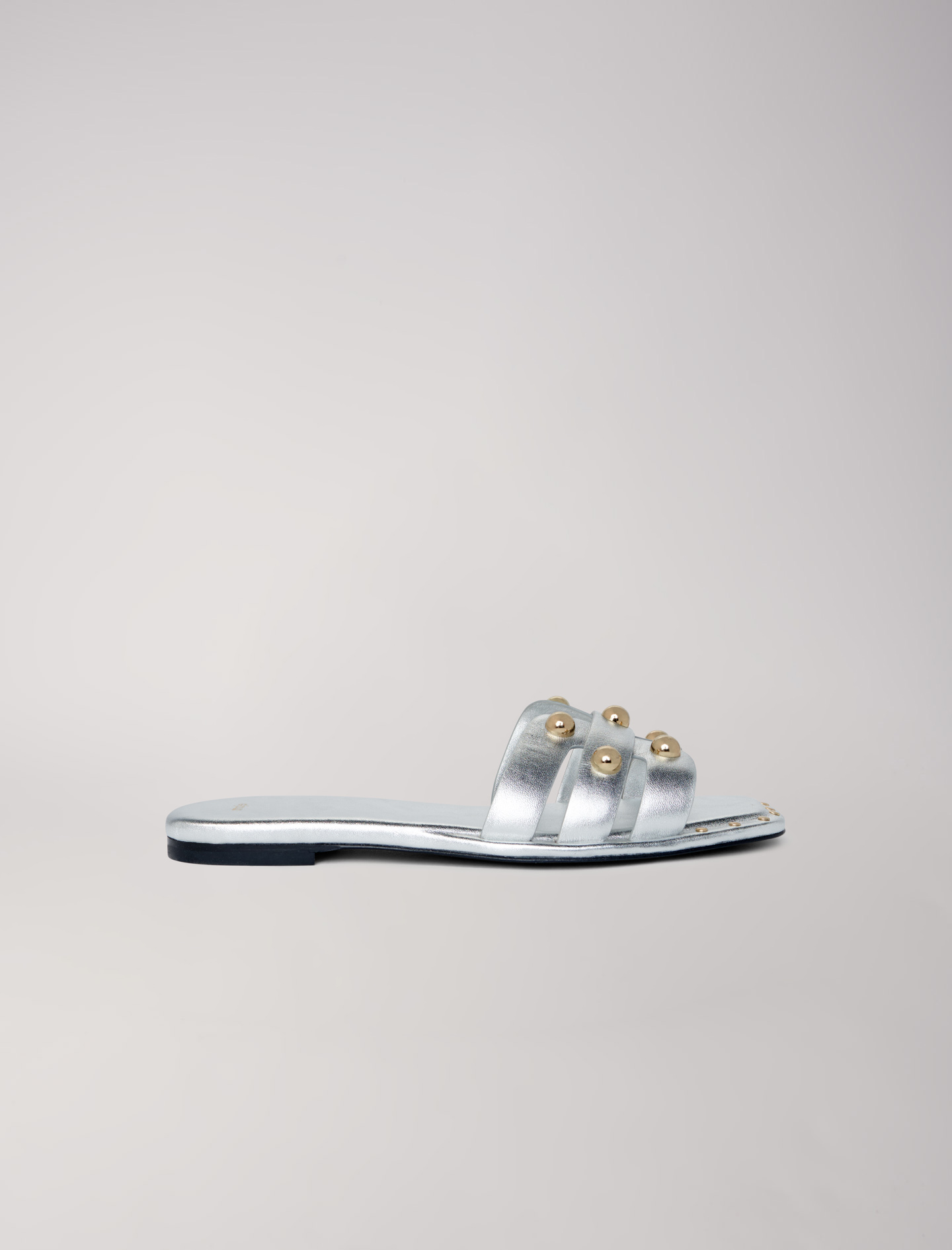Maje Woman's copper Jewellery: Studded leather mules for Spring/Summer, in color Silver / Grey